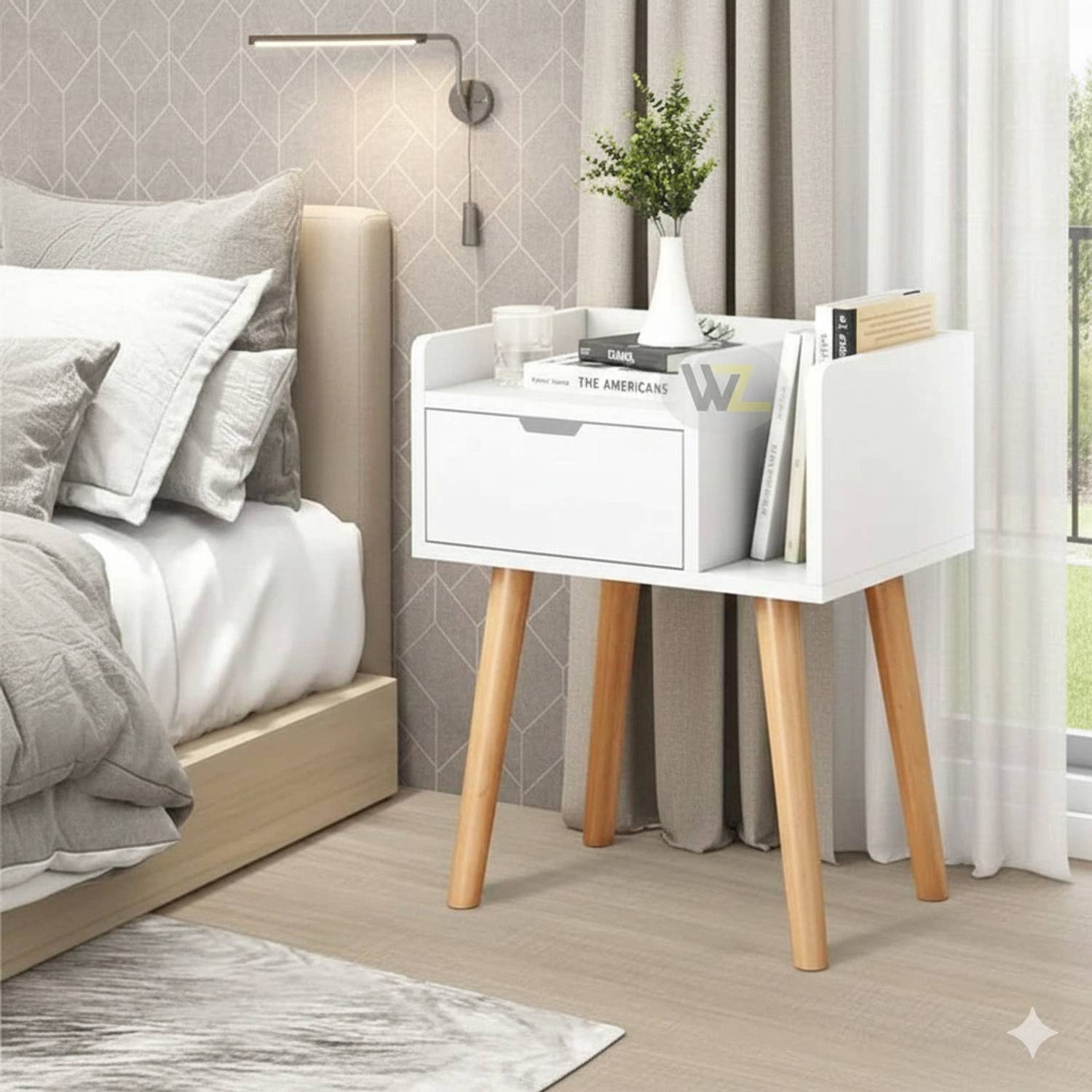 CROWN ART SHOPPEE Mid-Century Modern Bedside Table with Storage E
