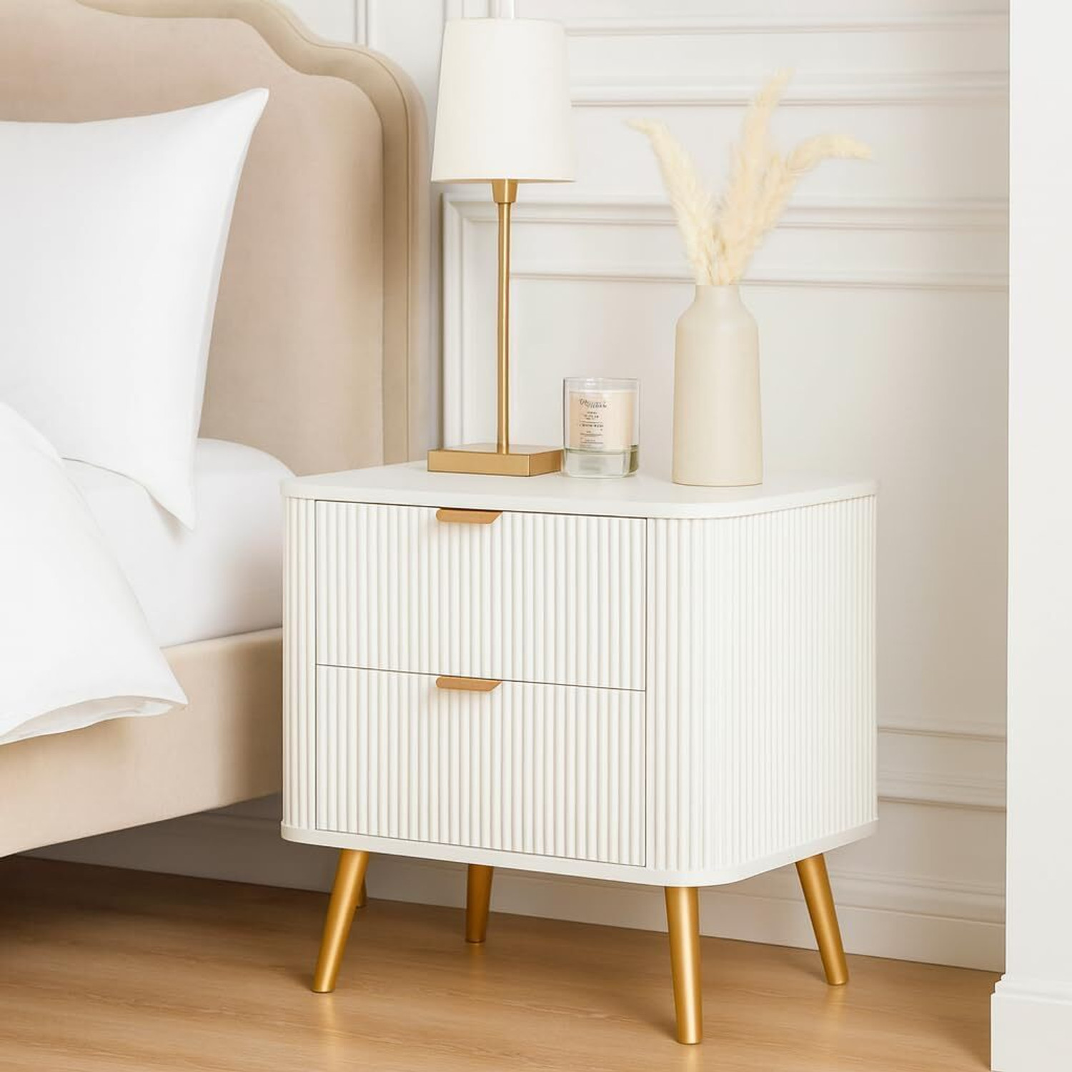Image of FURNITELL Modern Fluted Series Solid Wood Bedside Table (Finish Color - White, DIY(Do-It-Yourself))