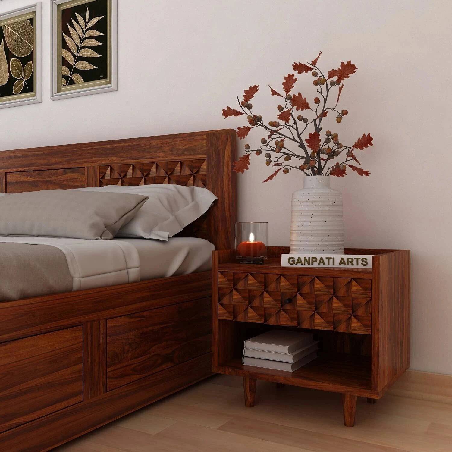 Ganpati Arts Sheesham Wood Raj Bedside Table For Bedroom/Wooden E