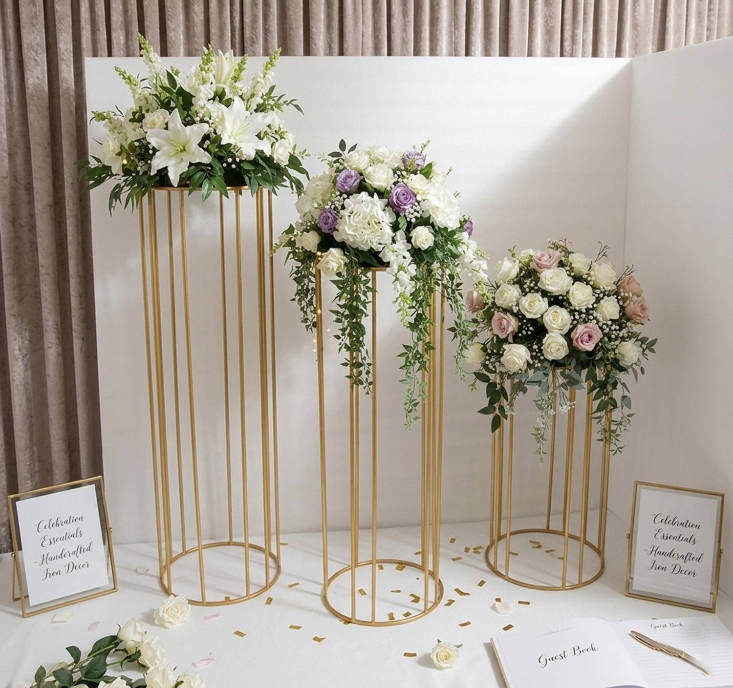 ONLINECRAFTS Iron Floral Pedestals Set of 3 Geometric Column St