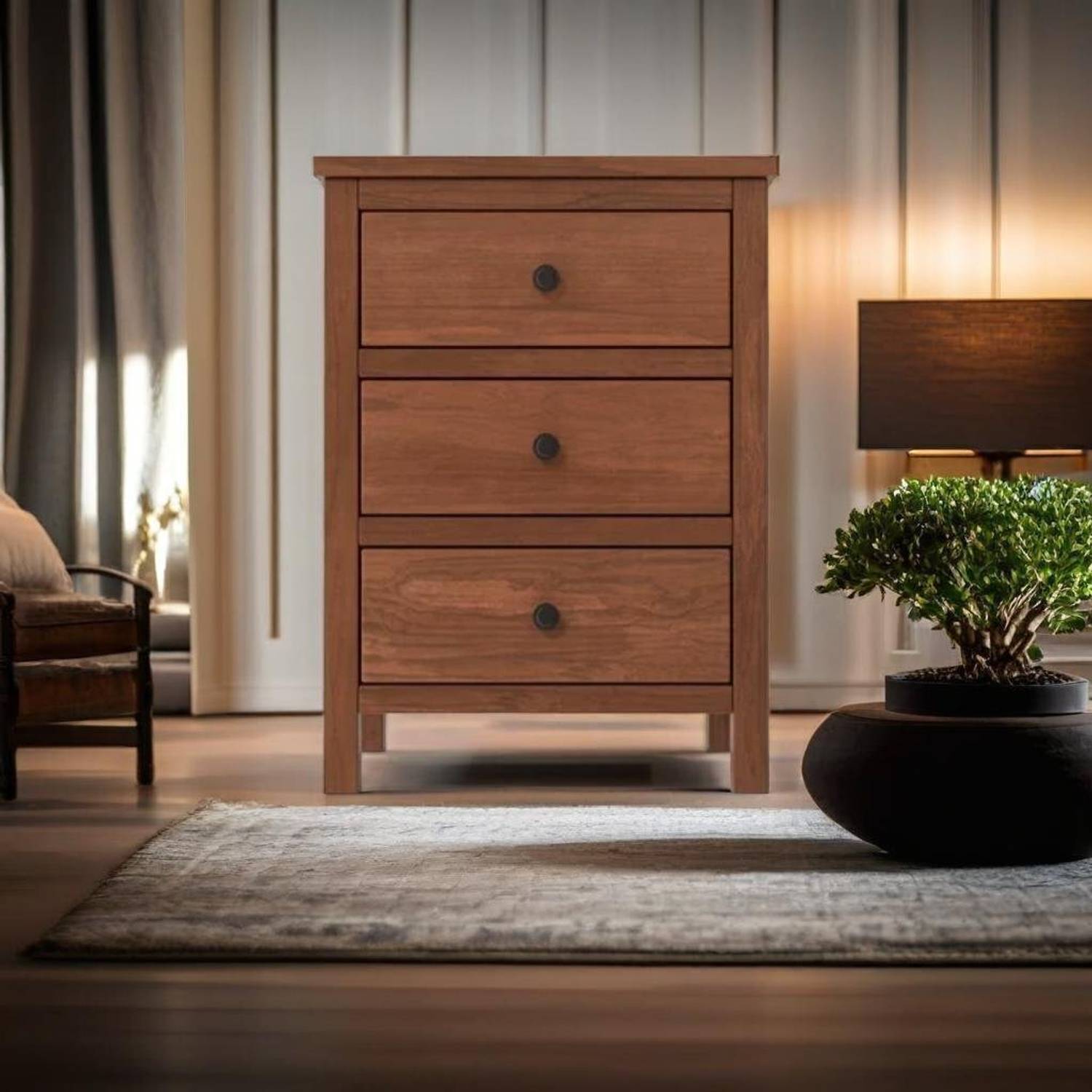 TRUE FURNITURE Sheesham Wood Bed Side Table for Bedroom with 3 Dr