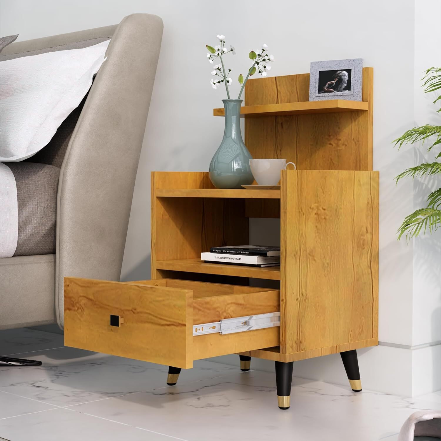 Image of Hexa Red Bed Side Table with 1-Drawer, Nightstand, Bedrooms, Storage Cabinet Engineered Wood Bedside Table
