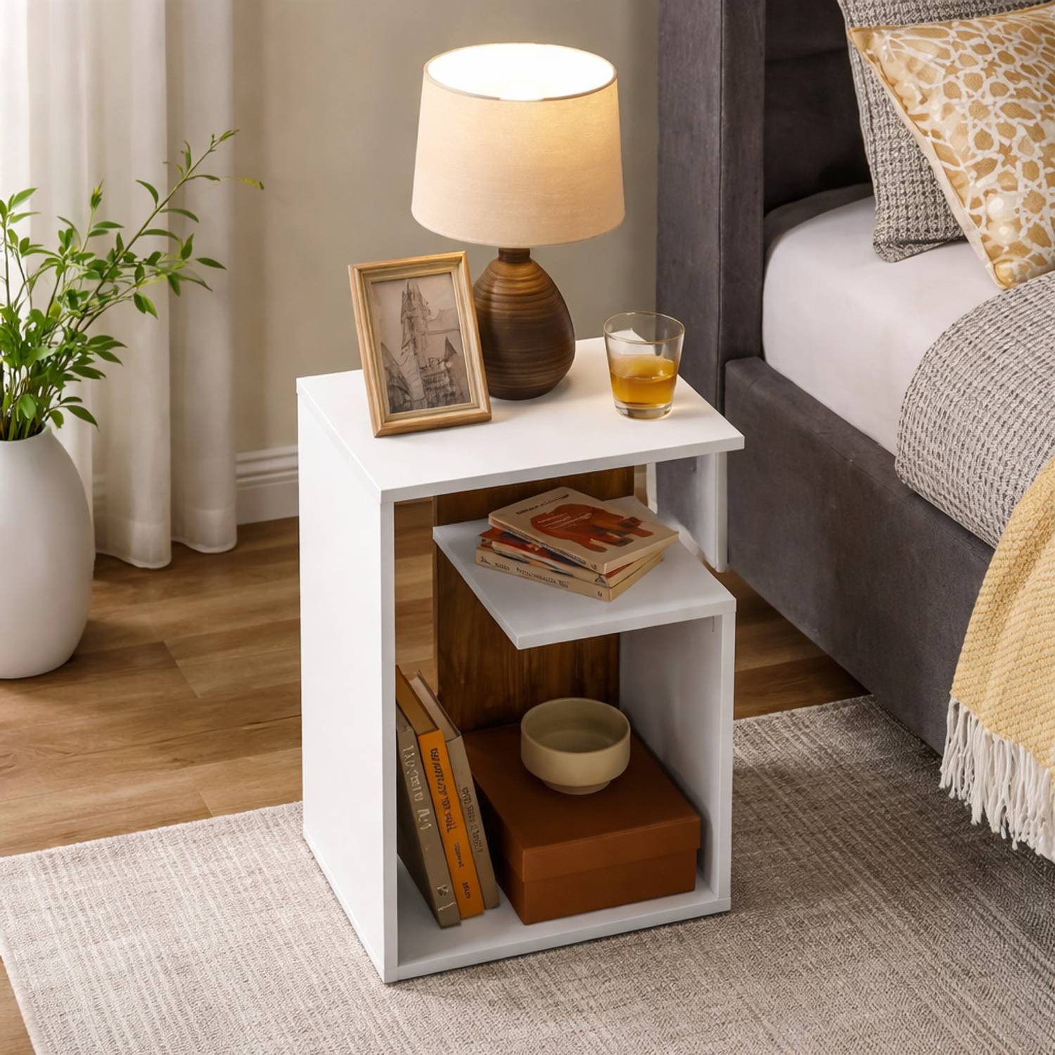 YUVICRAFT YUVI G-Shaped SIde Table,Wood Narrow Bedside Nightstand