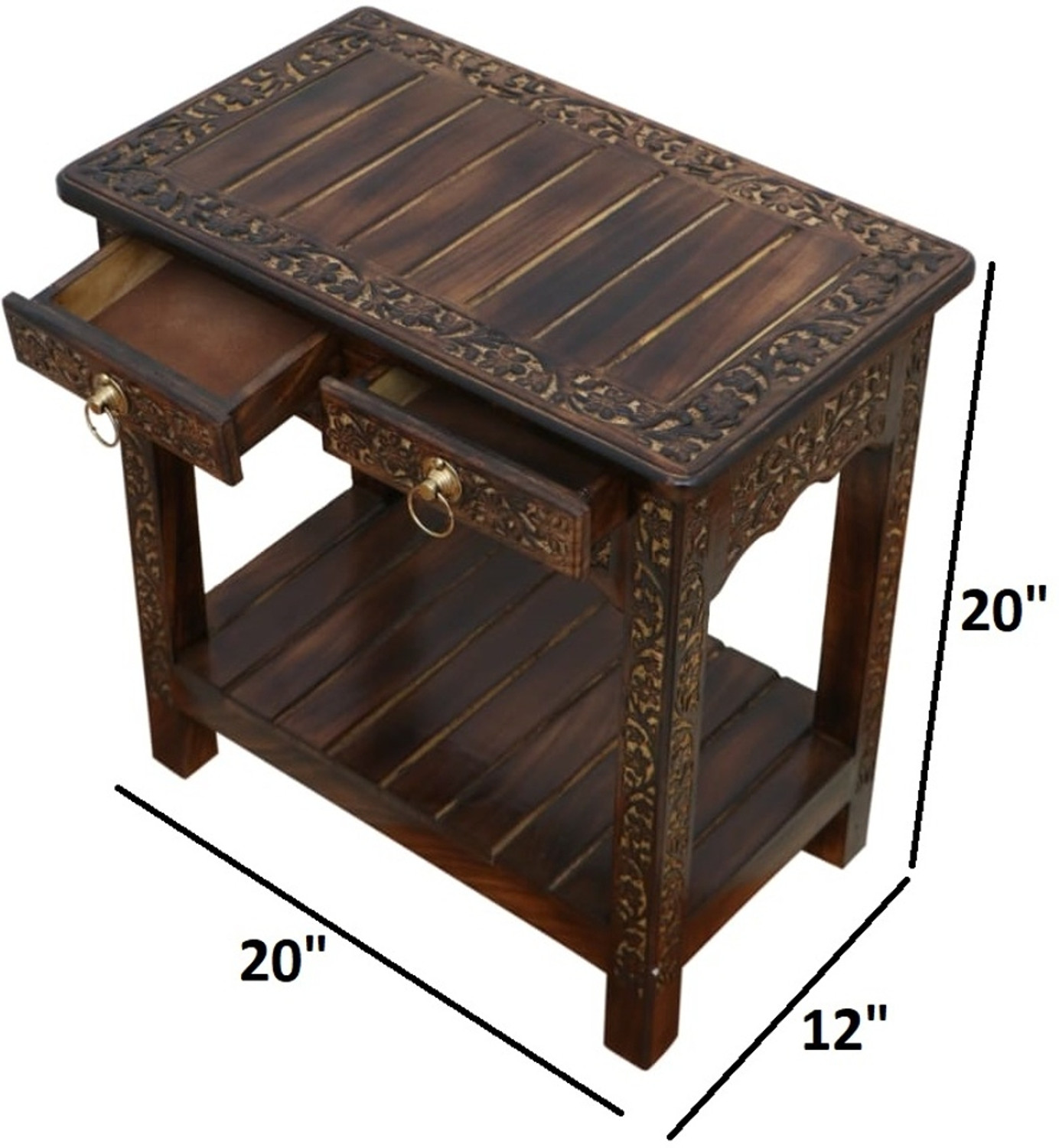 Image of NICE CRAFTS Wooden Stool-Natural Wood Antique Look Side Table with Two Drawer Solid Wood Bedside Table