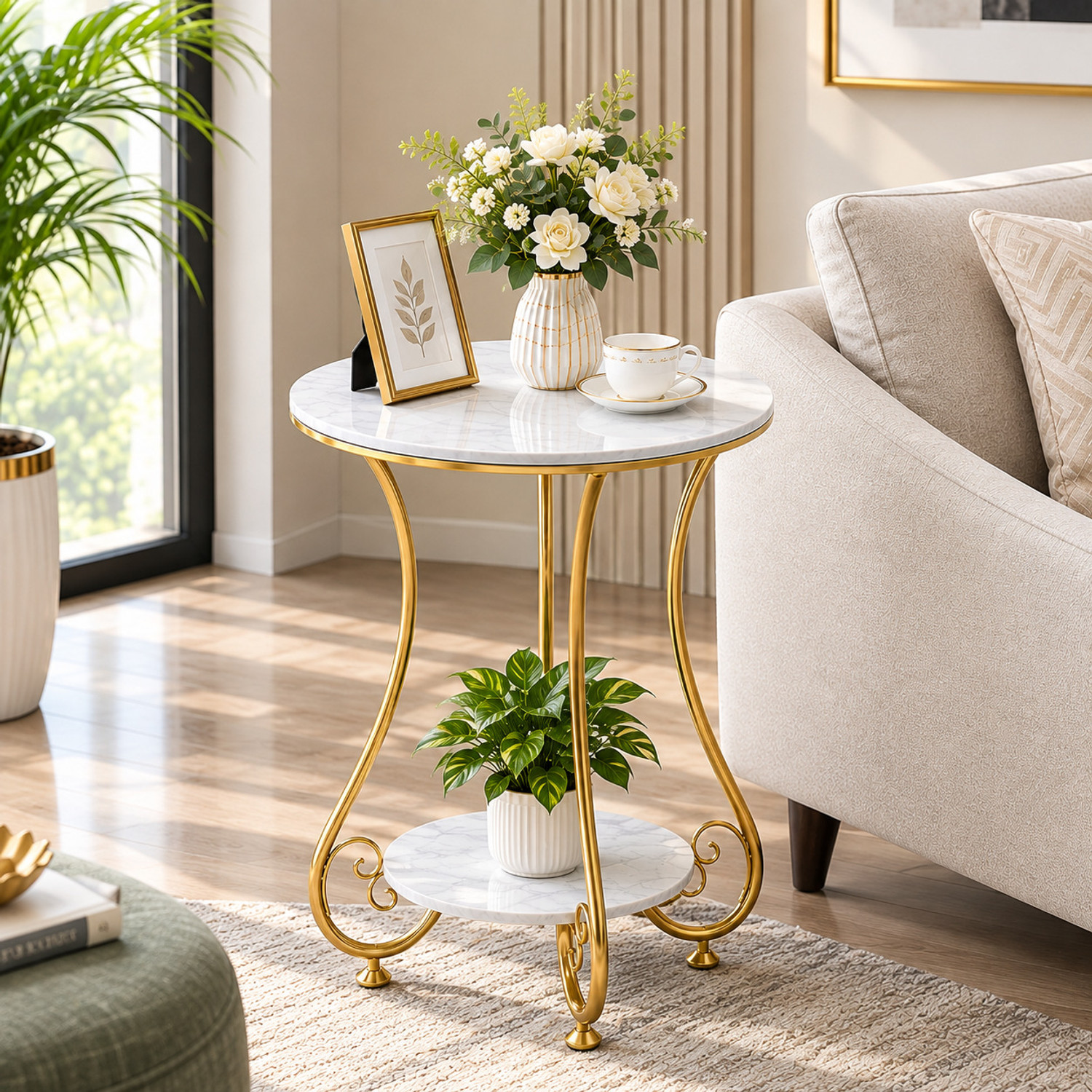 Image of Gaxi Modern 2 Tier Large Side Table with White Marble Finish Top & Gold Metal Frame Engineered Wood Coffee Table