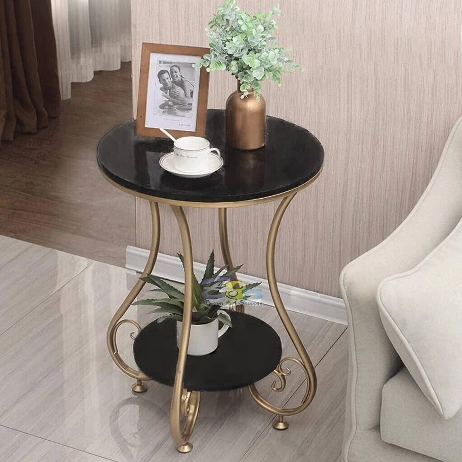 Rahat Handicraft Round Side Table Gold Metal Frame, 2 Tier Coffee