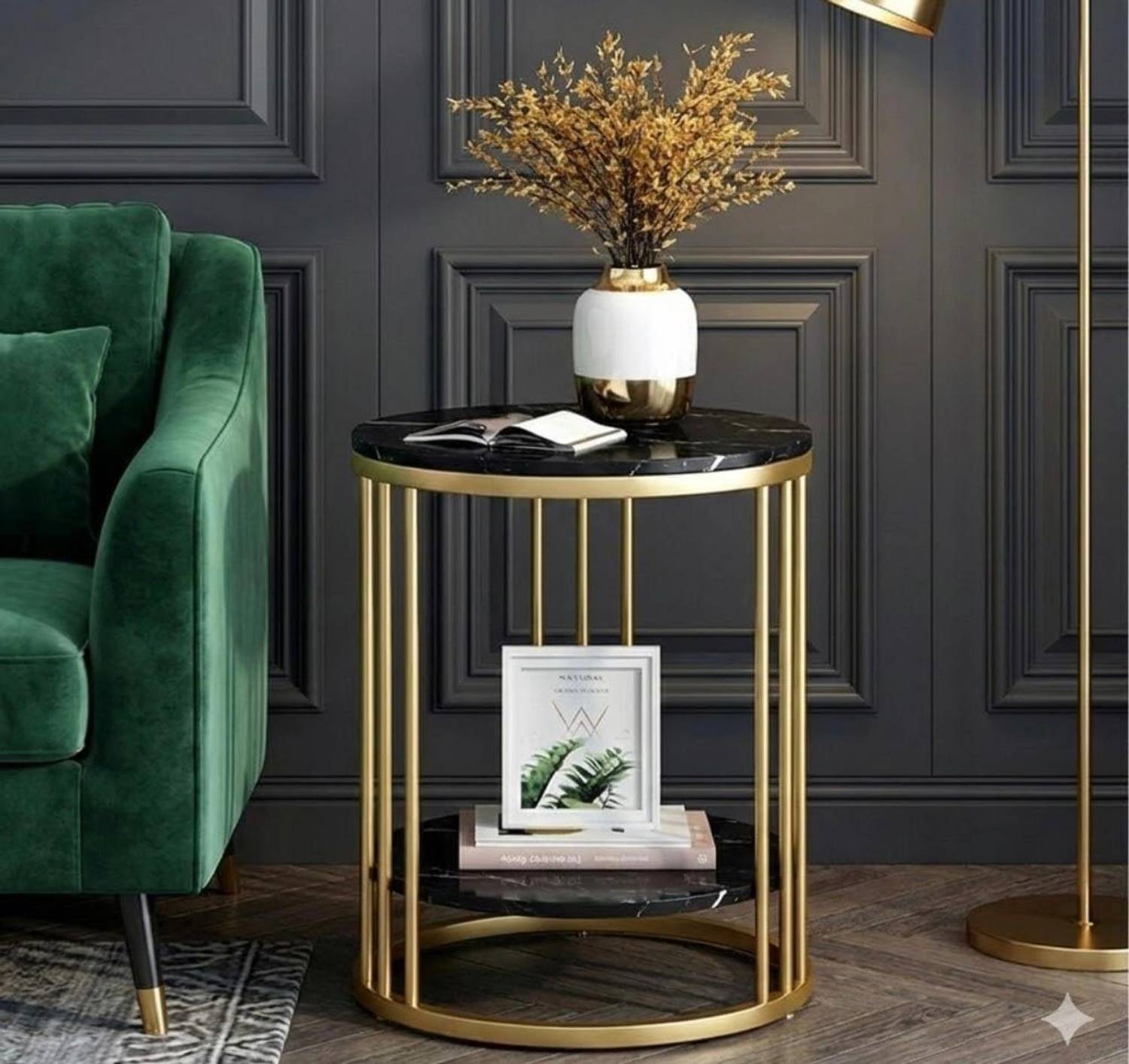 Gaxi Luxury Gold & Black Marble Table Set Engineered Wood Bedside