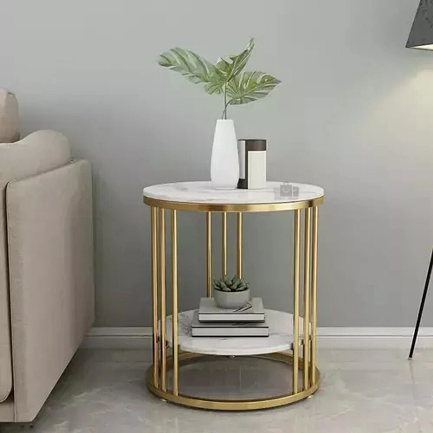 Image of SearchForMerch BAZAARGALLI Modern Round Marble Side Table with Golden Metal Frame Metal Side Table