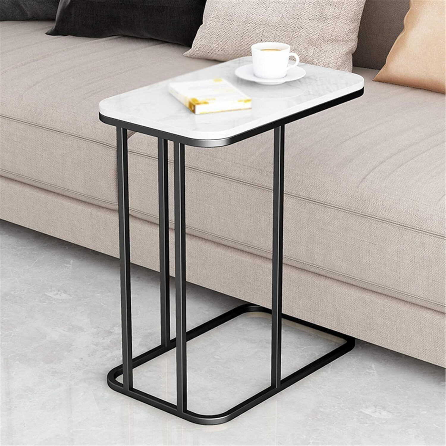 Image of Device Bas with BROWN ART SHOPPEE C Shaped Side Table, Coffee Table Bedroom Bedside Tables with Faux Marble Top Metal Bedside Table