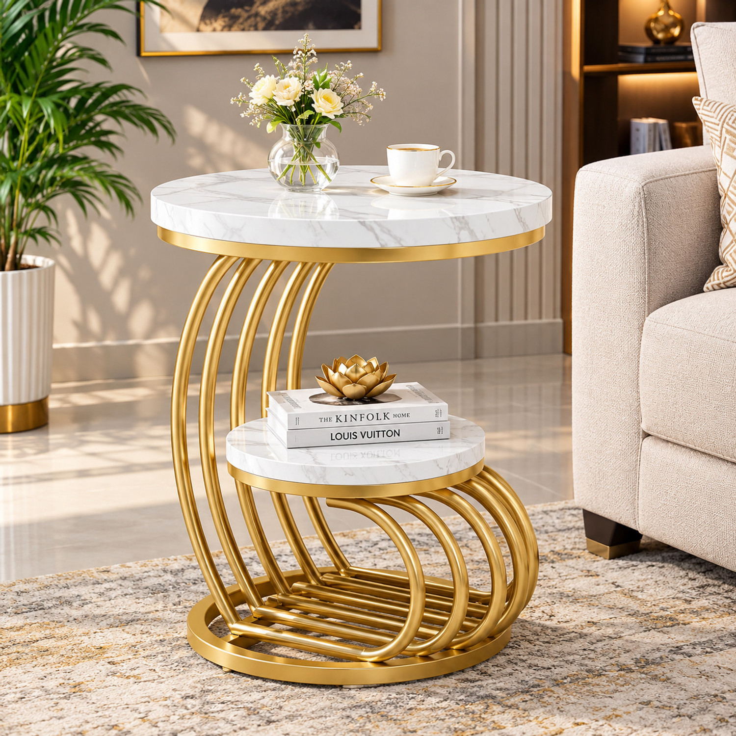 Image of Unique Arts Shoppee Premium 2 Tier Round Nesting Coffee Table Set | White Marble Top& Metal Frame Metal Side Table