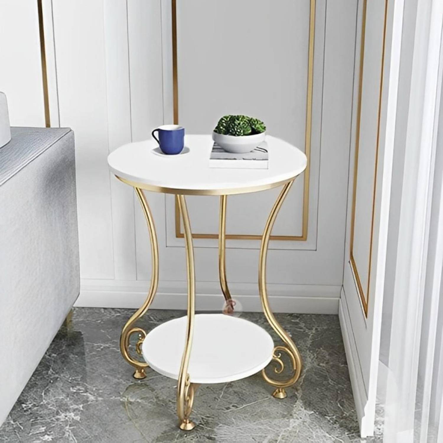 MODERN CRAFTHOUSE Metal Bedside Table (Finish Color - Golden & Wh