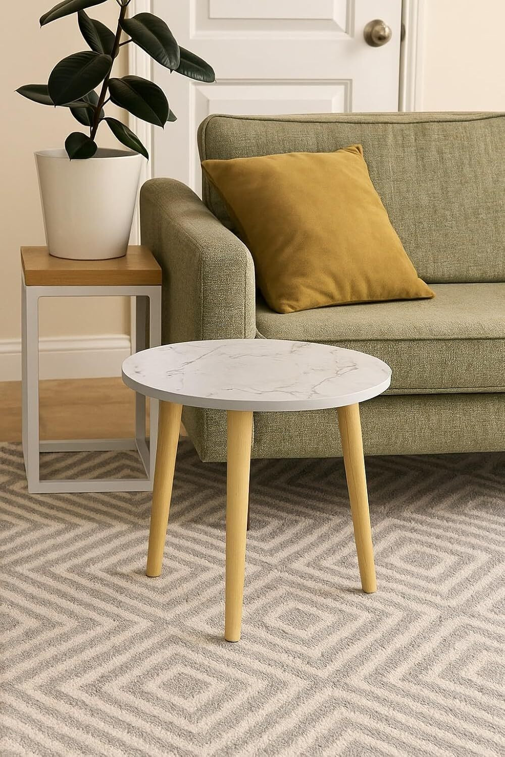 Image of A K Traders Small Round End Table MIni Table Side TableFaux Marble Top Solid Wood Side Table