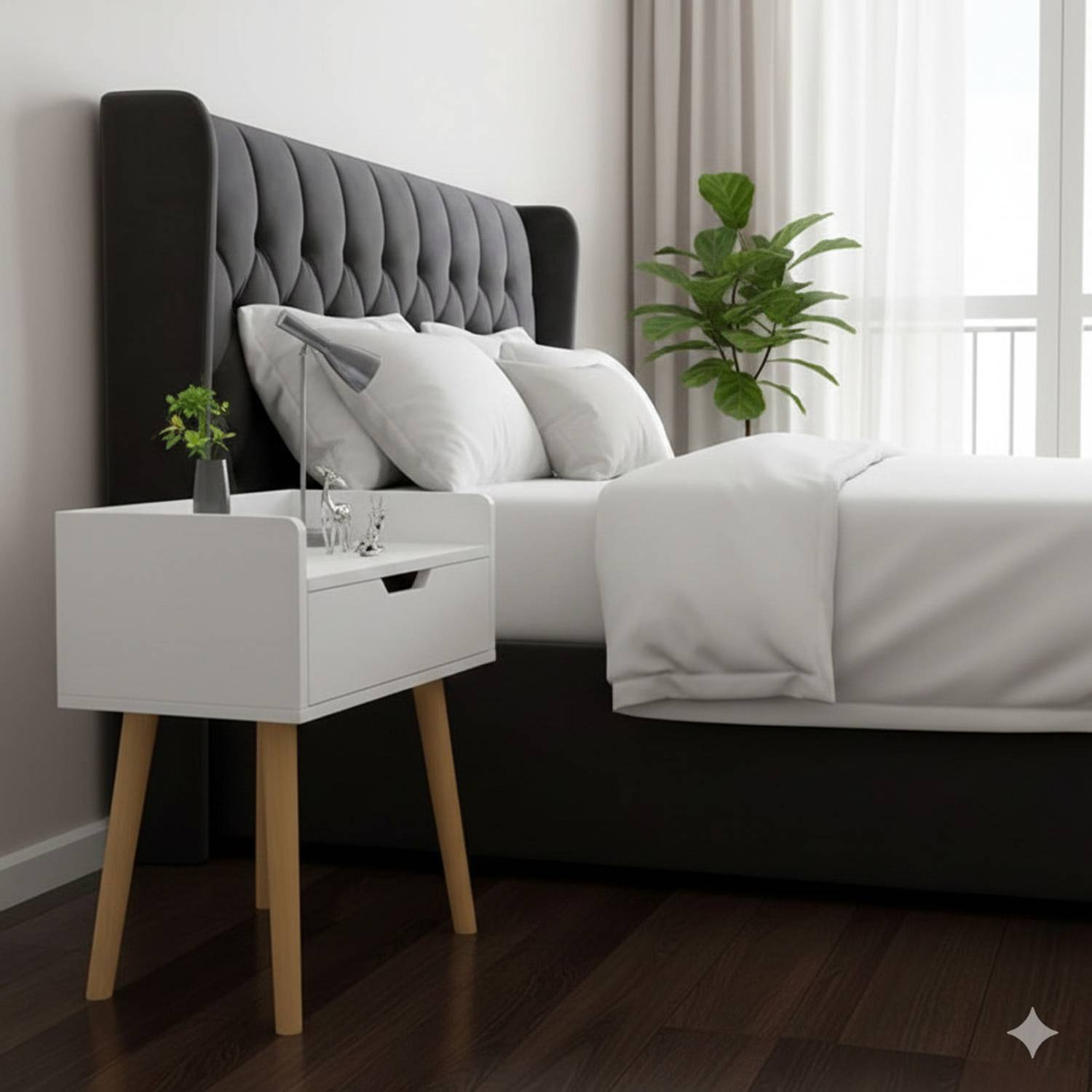 CROWN ART SHOPPEE Mid-Century Modern Bedside Table with Storage E