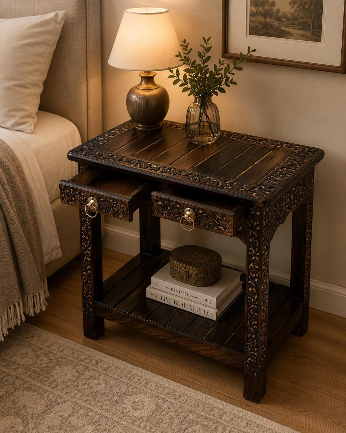 Image of NICE CRAFTS Wooden Stool-Natural Wood Antique Look Side Table with Two Drawer Solid Wood Bedside Table