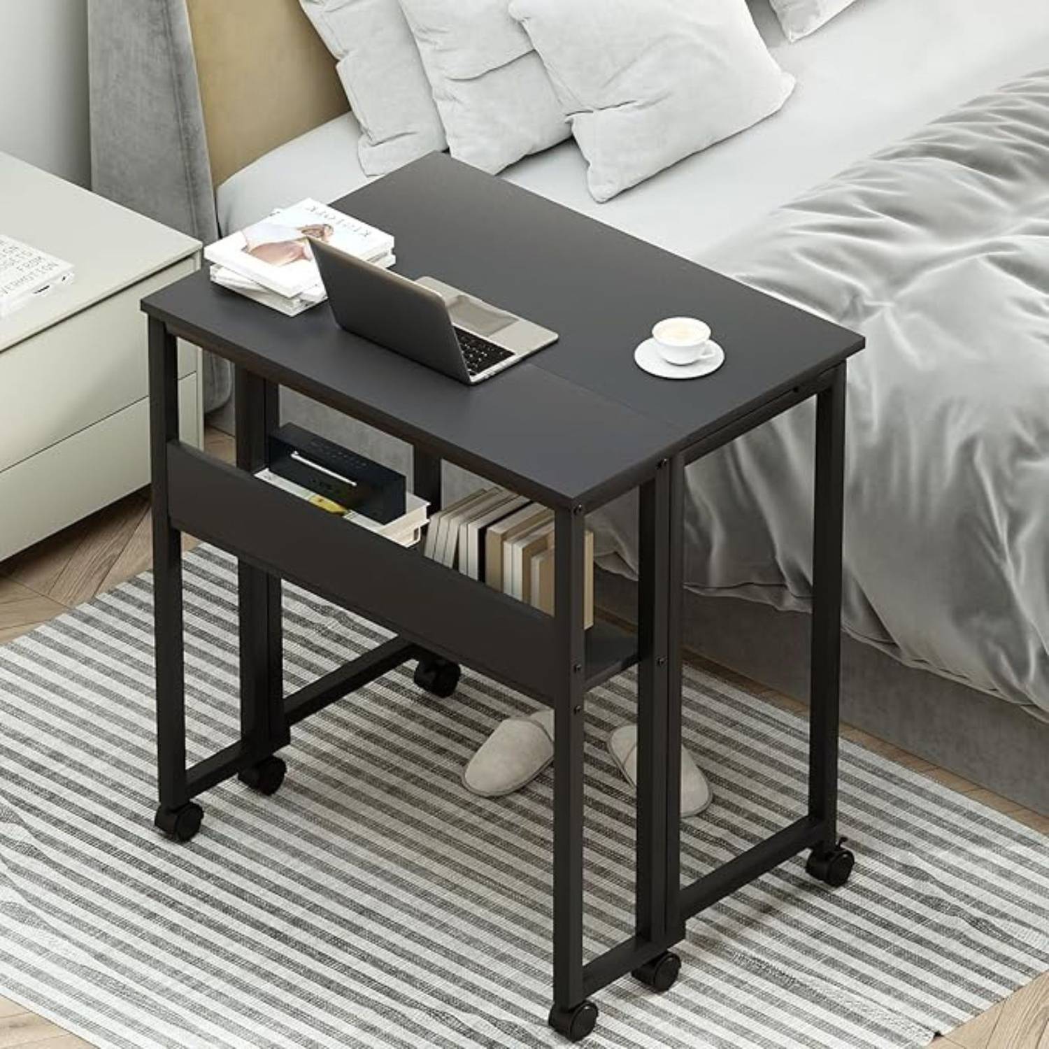 WOODIPA Folding Small Rolling Desk with Storage Shelf, 24.8 inch