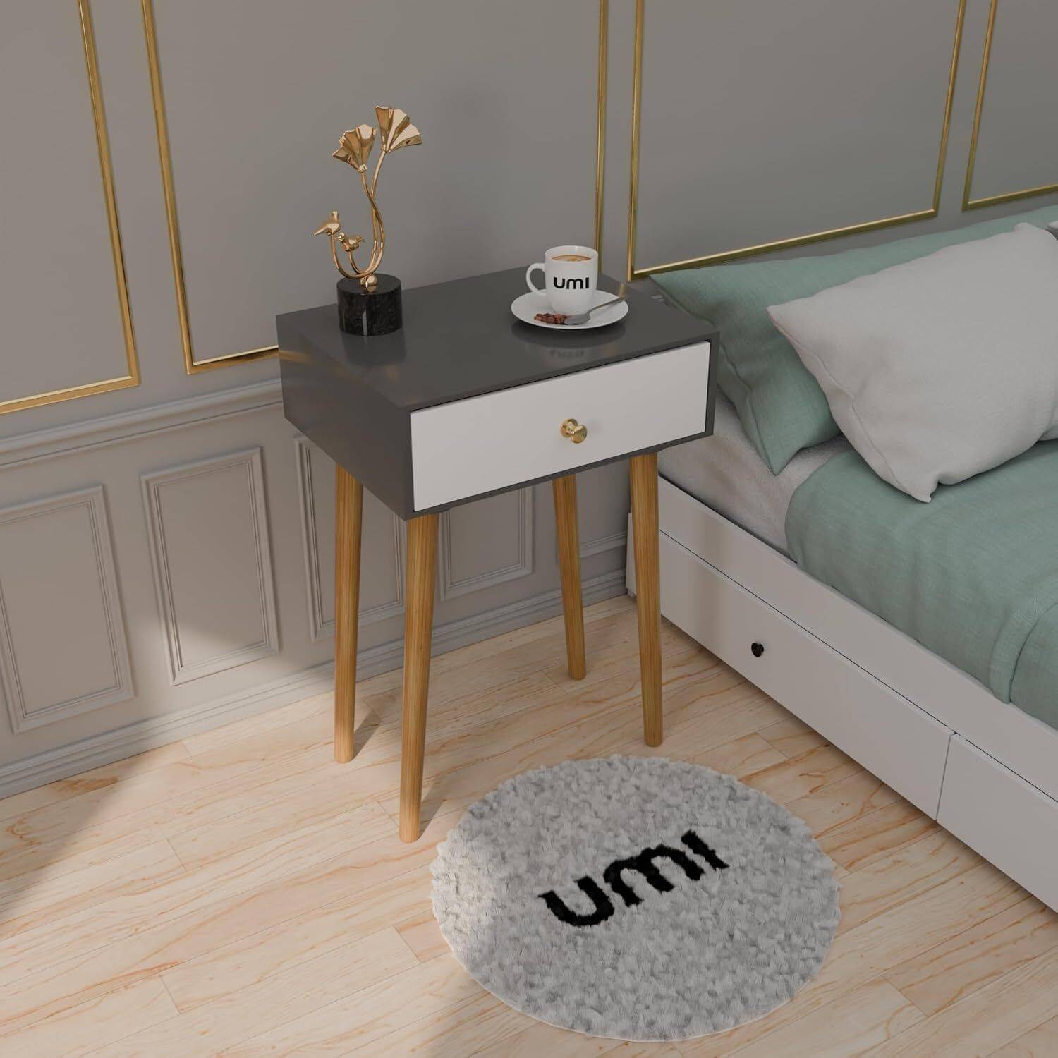 etiquette art Modern Bedside Table with Solid Wood Legs/Side Tabl