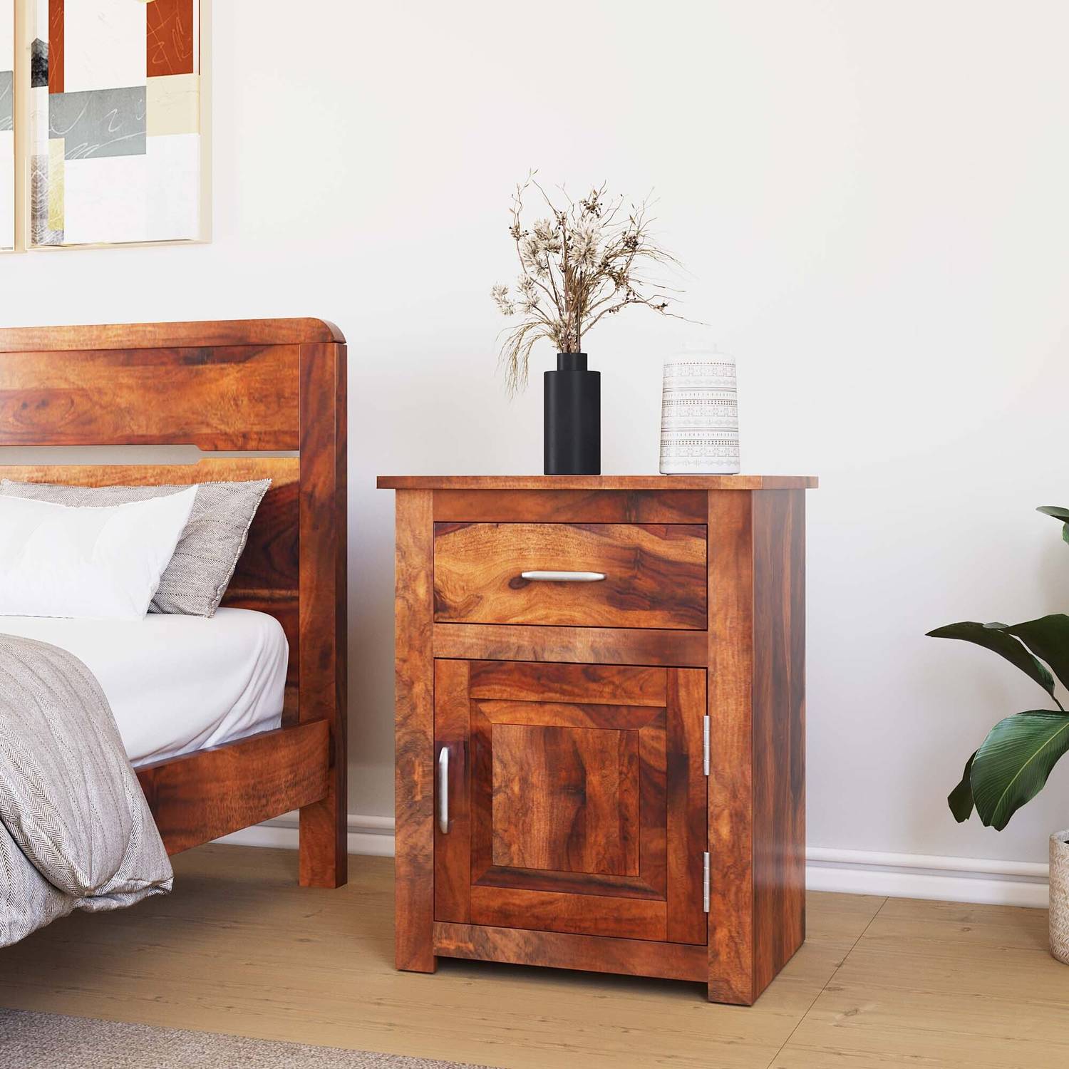 Allie Wood Solid Wood Bedside Table (Finish Color - Honey Oak Fin