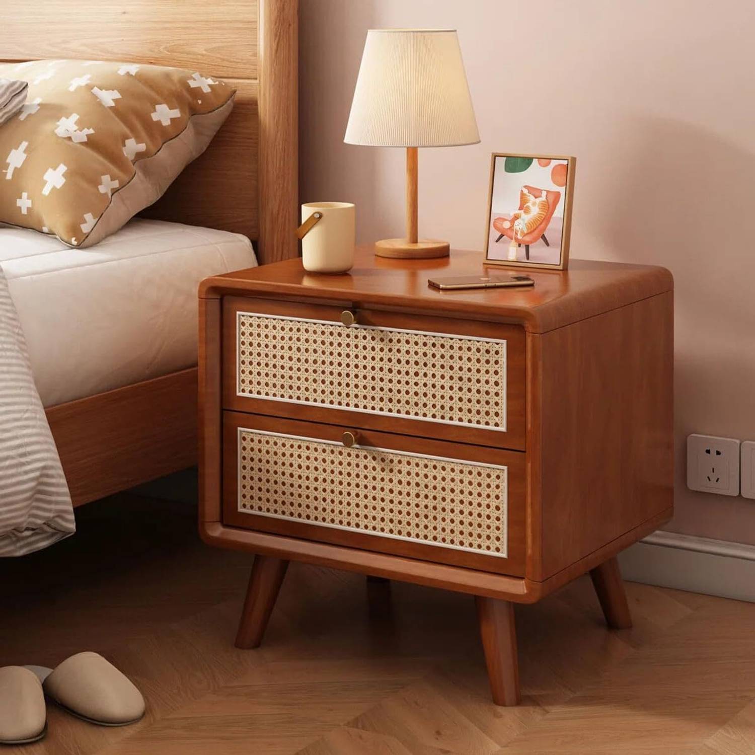 Misan Rattan Cane & Storage Drawer Solid Wood Bedside Table (Fini