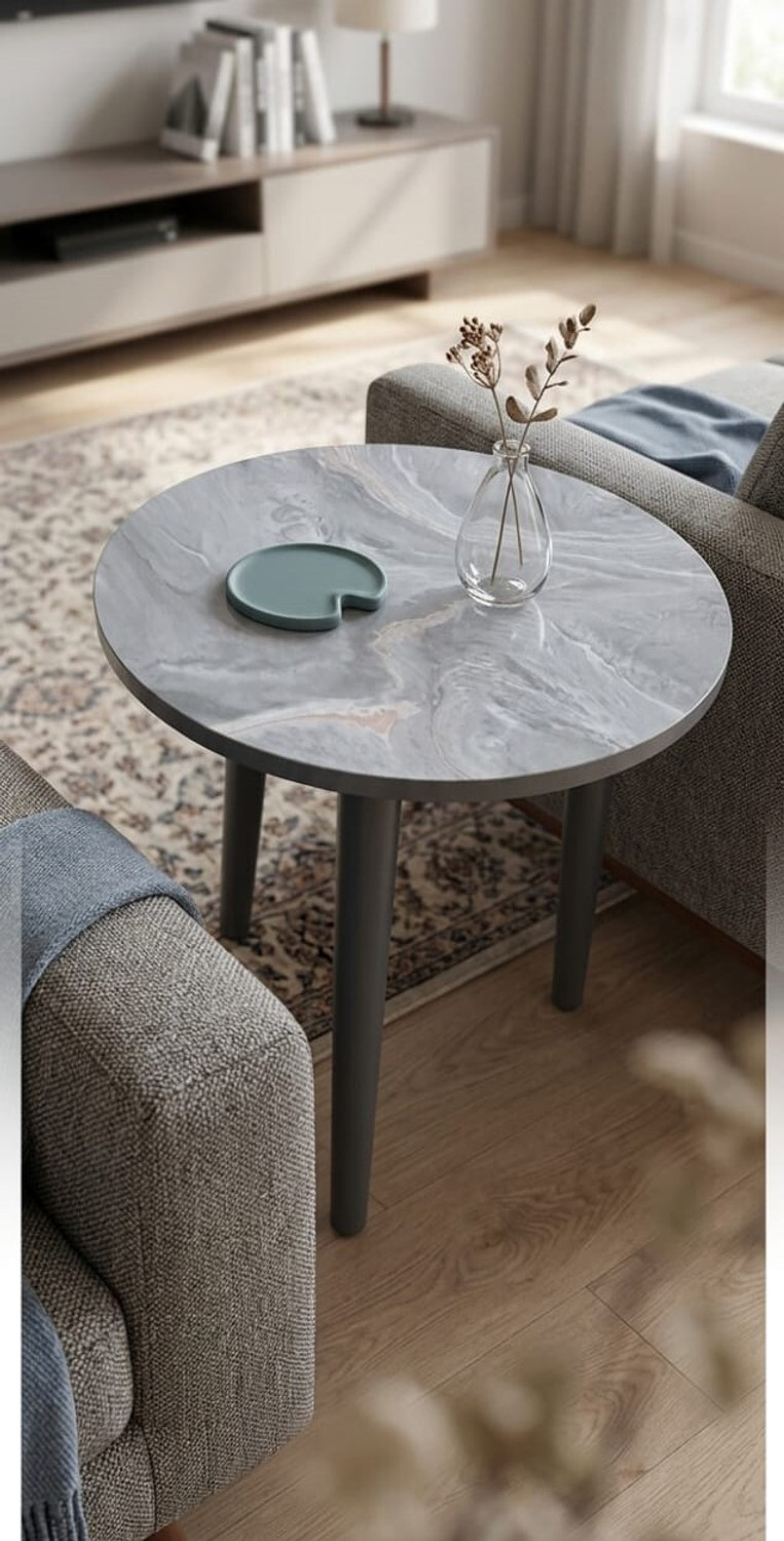 Image of INDCART Small Round End Table MIni Table Side TableFaux Marble Top Solid Wood Side Table Engineered Wood Bedside Table