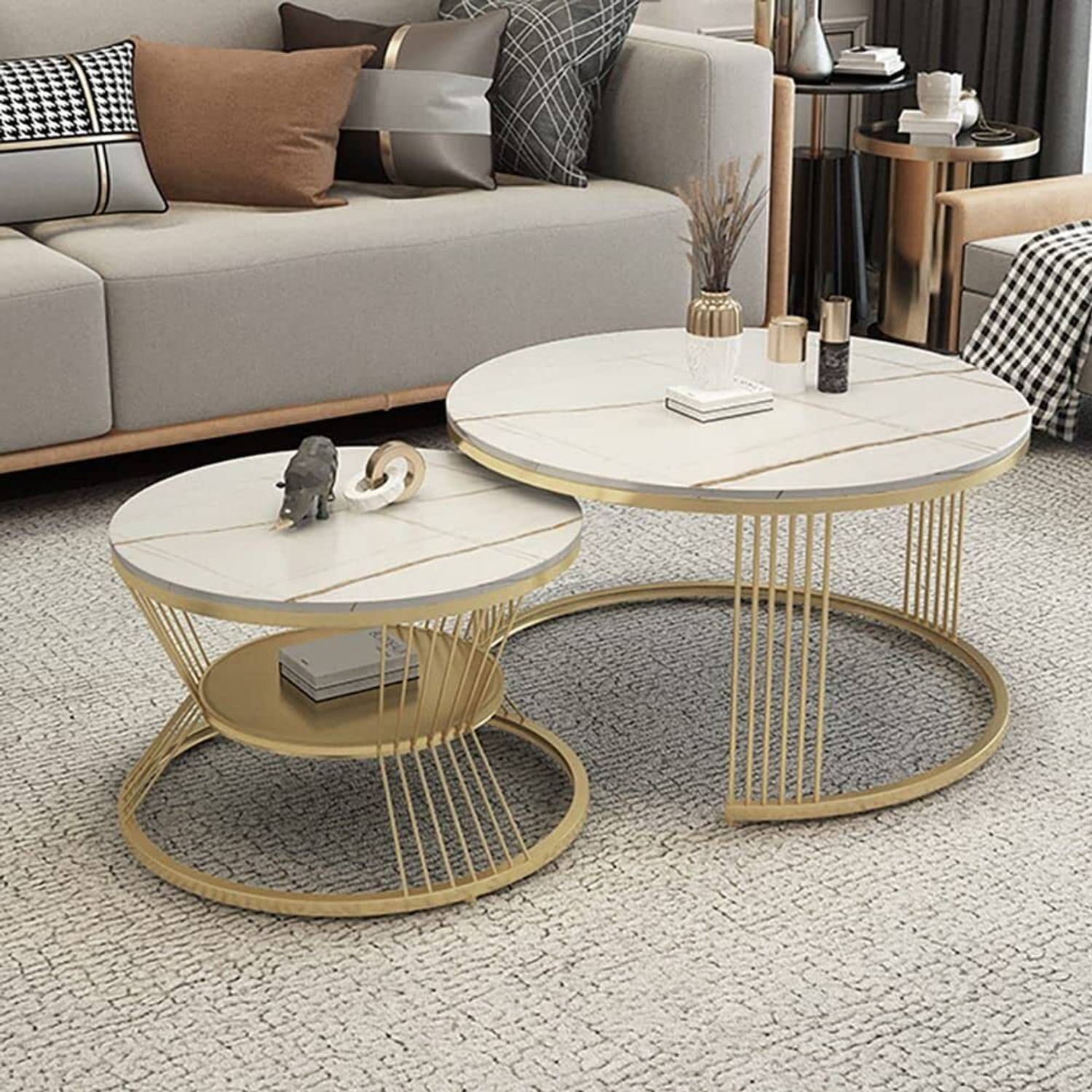 BESTQUALITY Round Coffee Table, 2-Tier Center Table for Living Ro