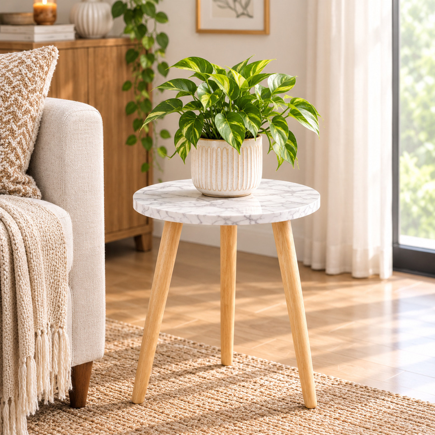 Image of INDCART Small Round End Table MIni Table Side TableFaux Marble Top Solid Wood Side Table Engineered Wood Bedside Table