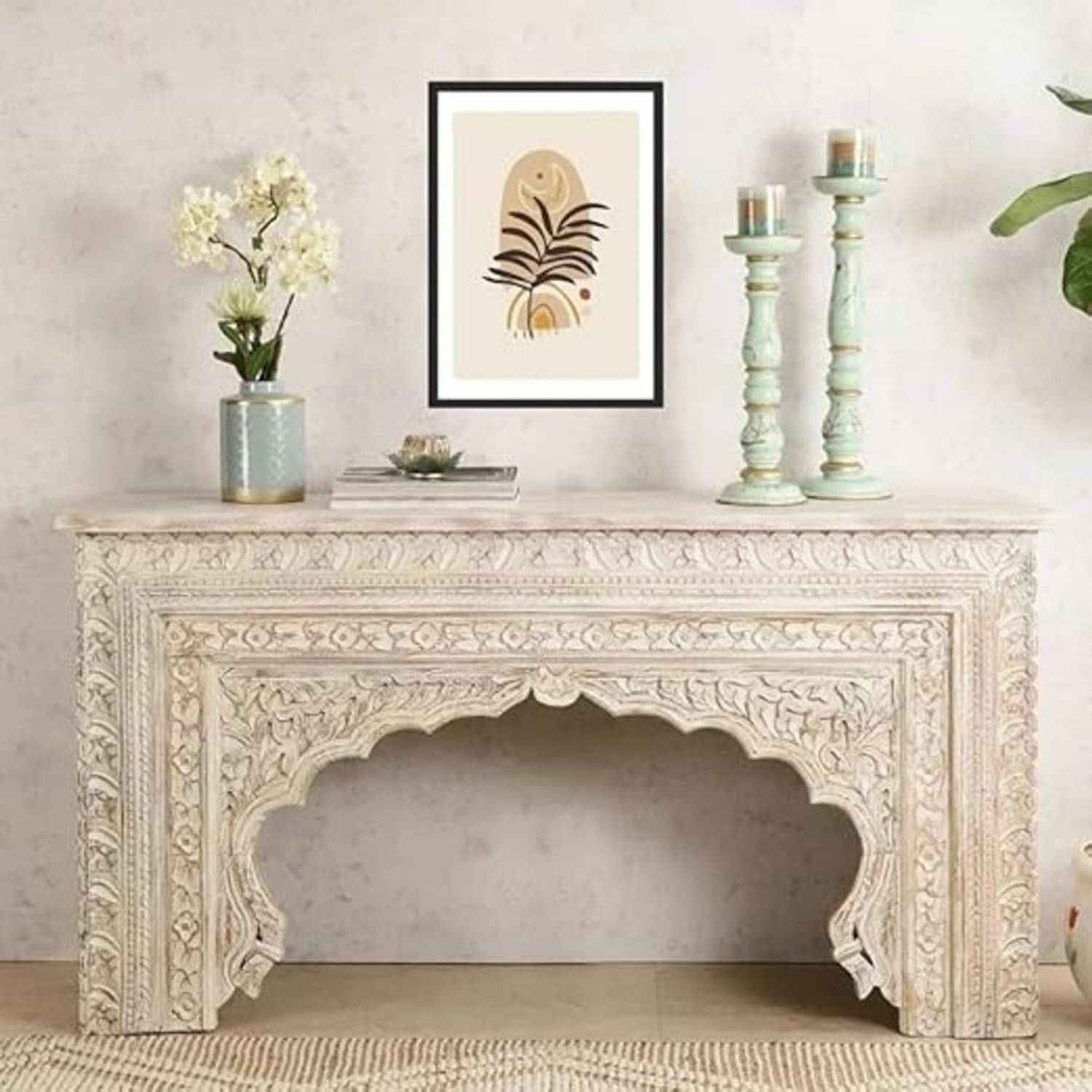 Home wood Wooden Console Table with Indian Arch Design, Vintage W