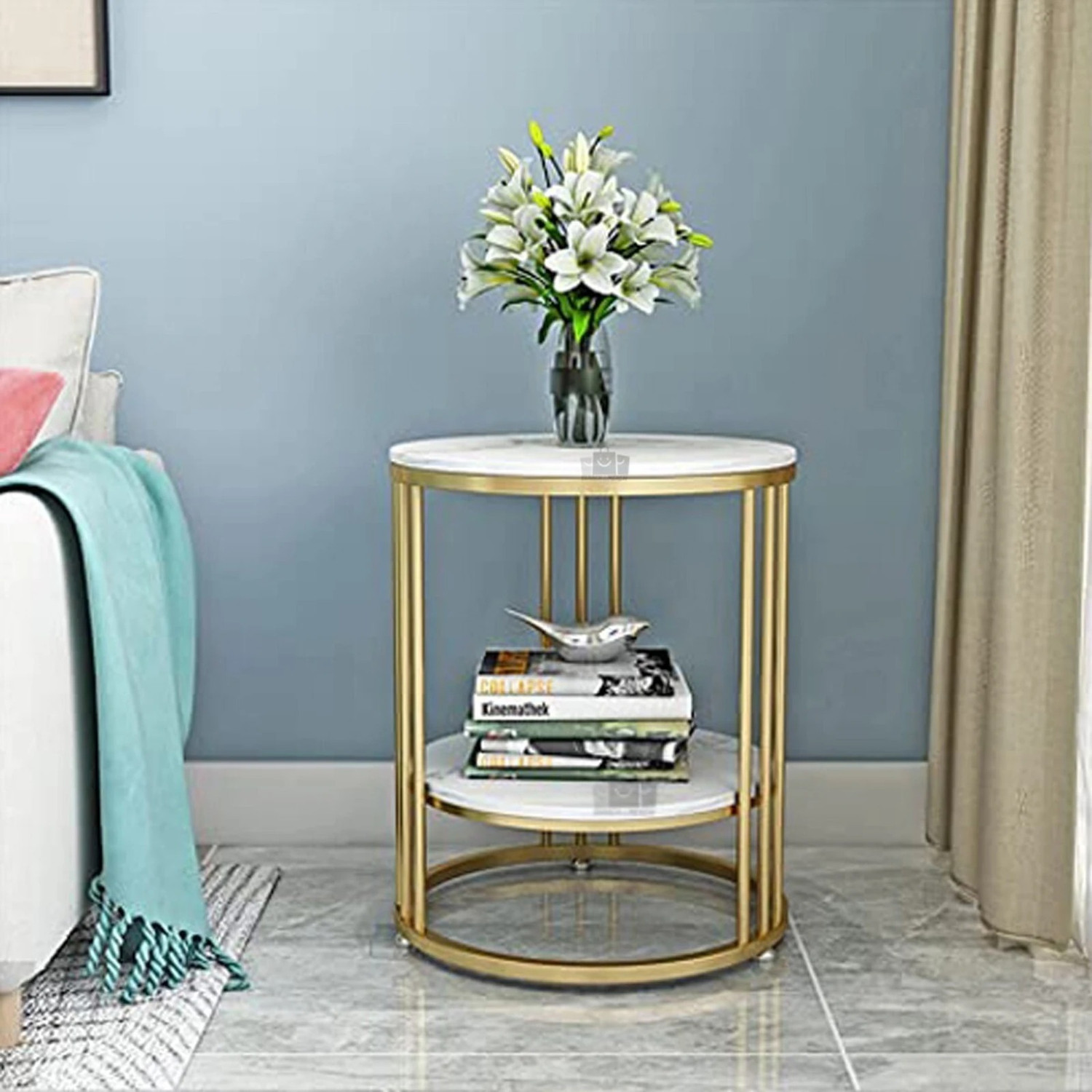 Image of SearchForMerch BAZAARGALLI Modern Round Marble Side Table with Golden Metal Frame Metal Side Table