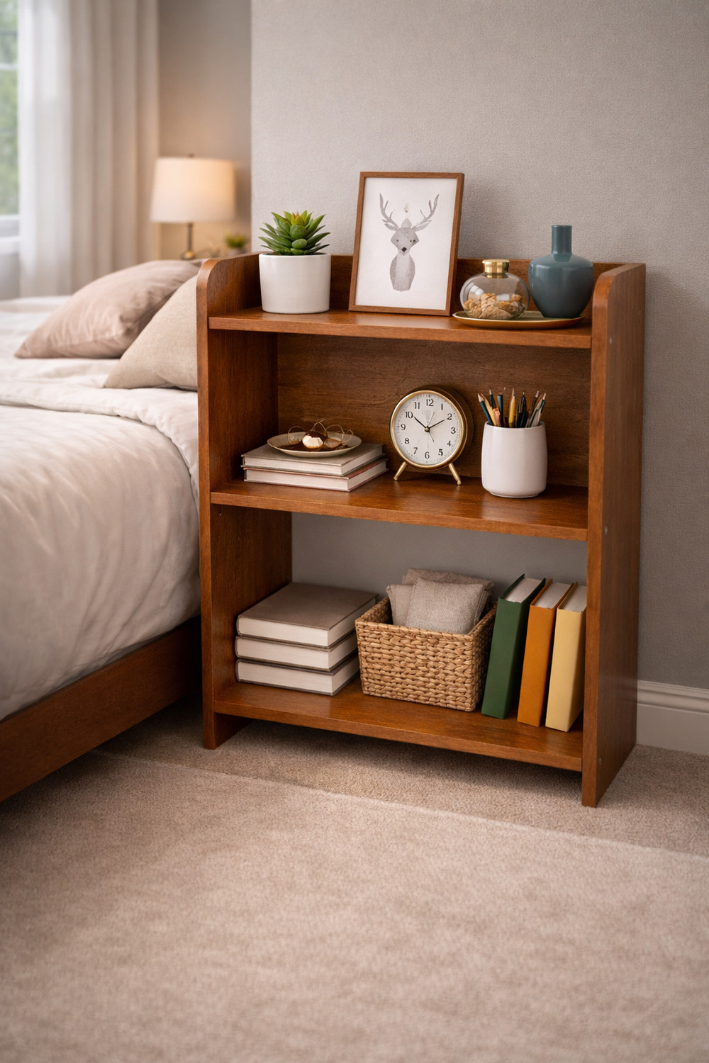Image of SHILAT ENTERPRISES Premium MDF Multipurpose Rack Brown Marble Finish 3 Tier Storage Organizer Solid Wood Bedside Table