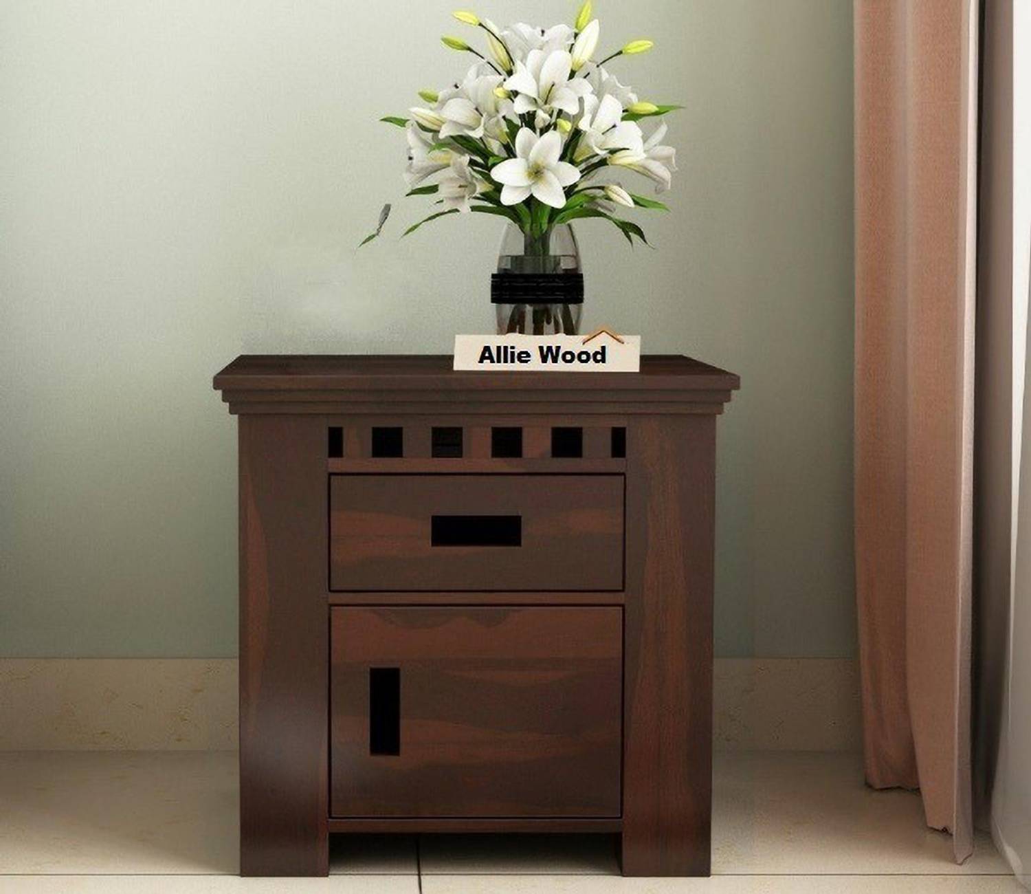 Allie Wood Sheesham Solid Wood Bedside Table (Finish Color - Waln