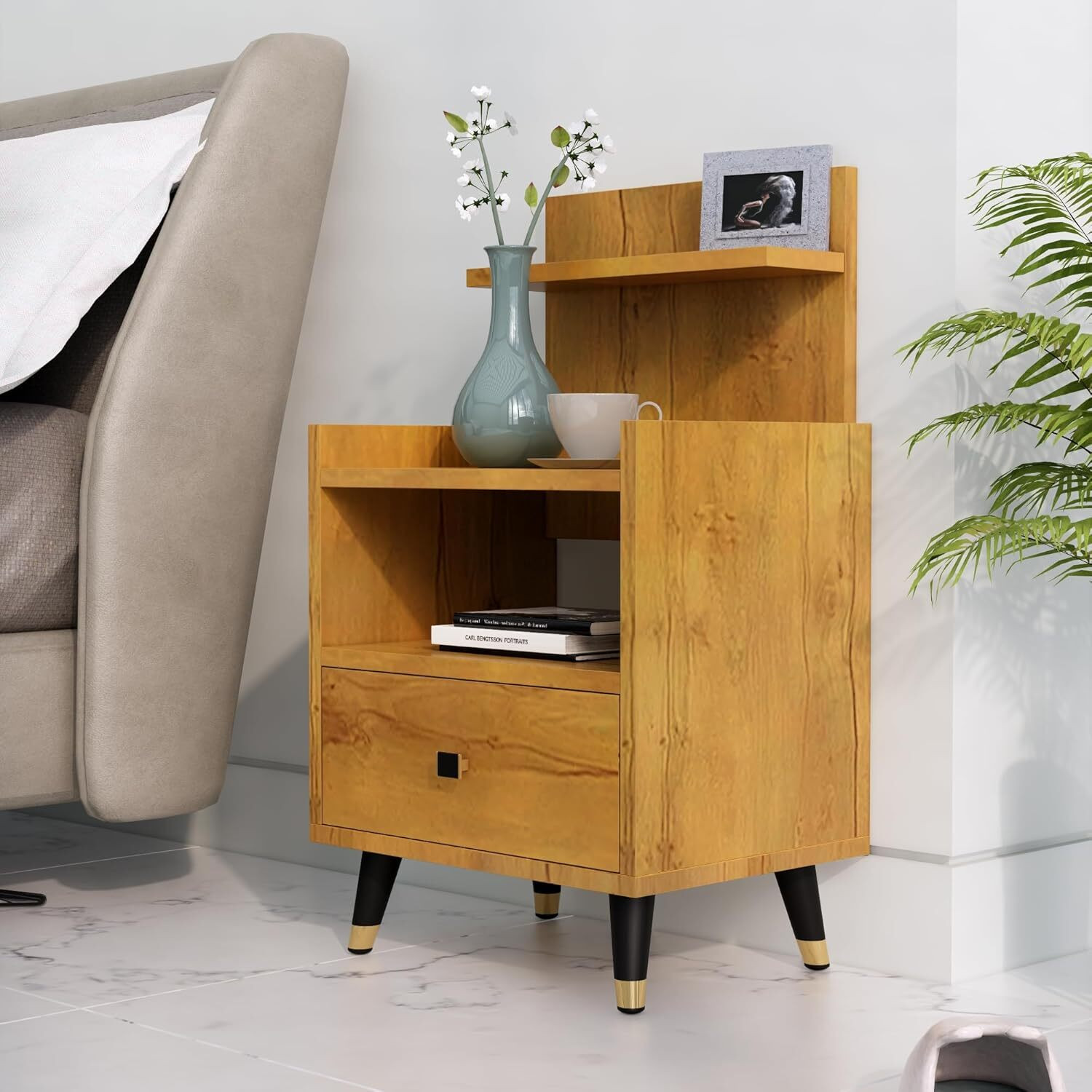 Image of Hexa Red Bed Side Table with 1-Drawer, Nightstand, Bedrooms, Storage Cabinet Engineered Wood Bedside Table