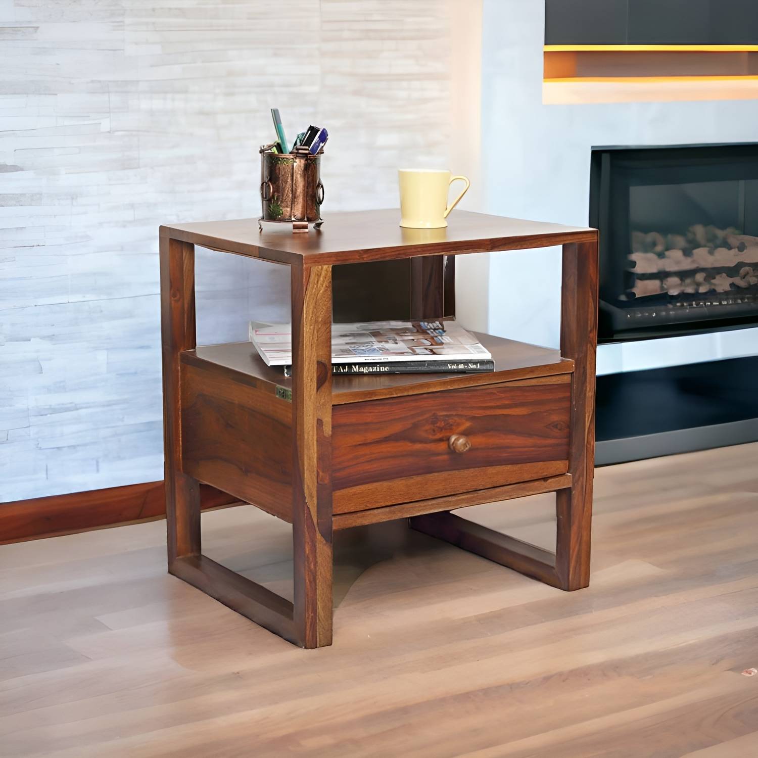 INDIKASA Taylor Bedside Table Solid Sheesham wood Walnut Fini