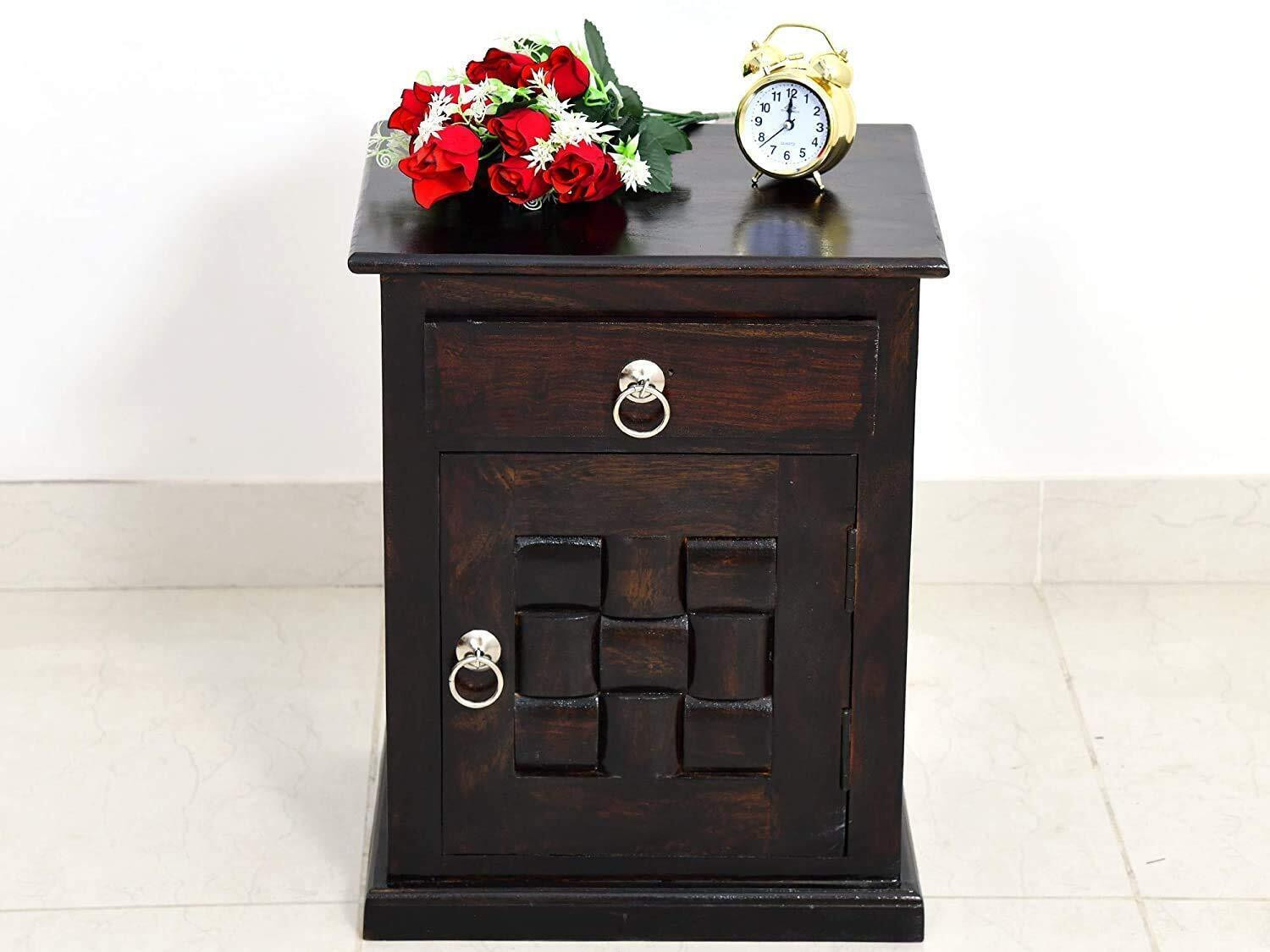 Image of SB Handicrat Wooden Bedside Table with Drawer | Side Table Night Stand End Table Solid Wood Bedside Table
