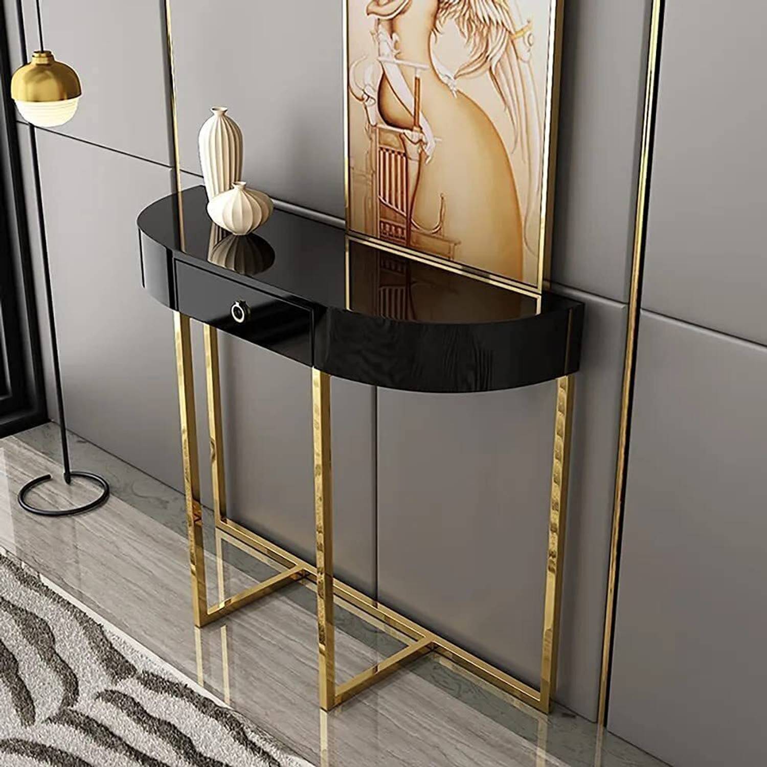 KDINTERIORS Black Demilune Merino Laminate Wood Console Table wit