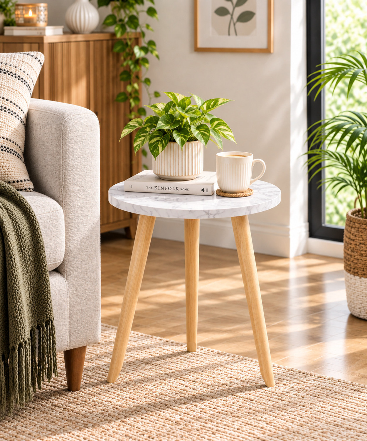 Image of INDCART Small Round End Table MIni Table Side TableFaux Marble Top Solid Wood Side Table Engineered Wood Bedside Table