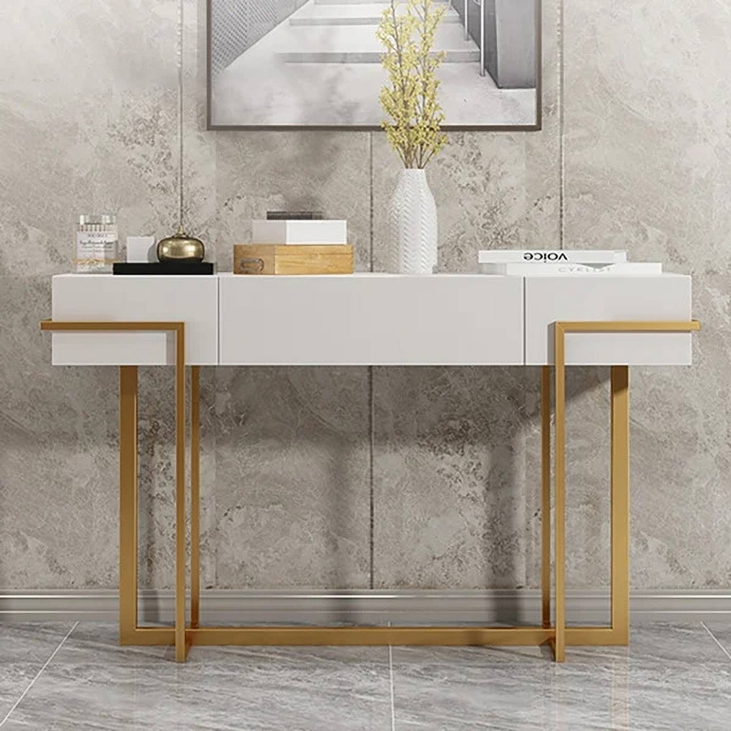 KDINTERIORS Modern White Console Table with Drawer Gold Metal Fra