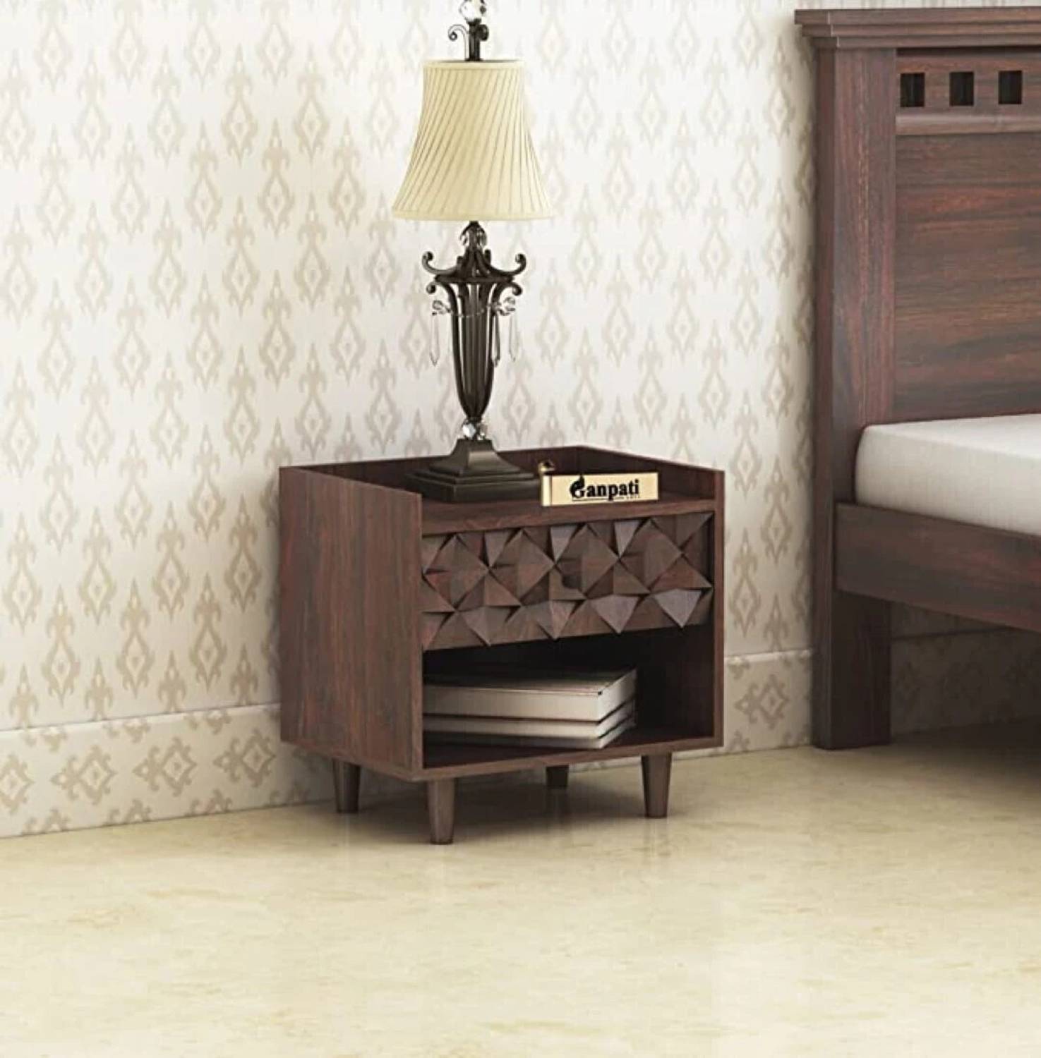 Ganpati Arts Sheesham Wood Raj Bedside Table For Bedroom/Wooden E