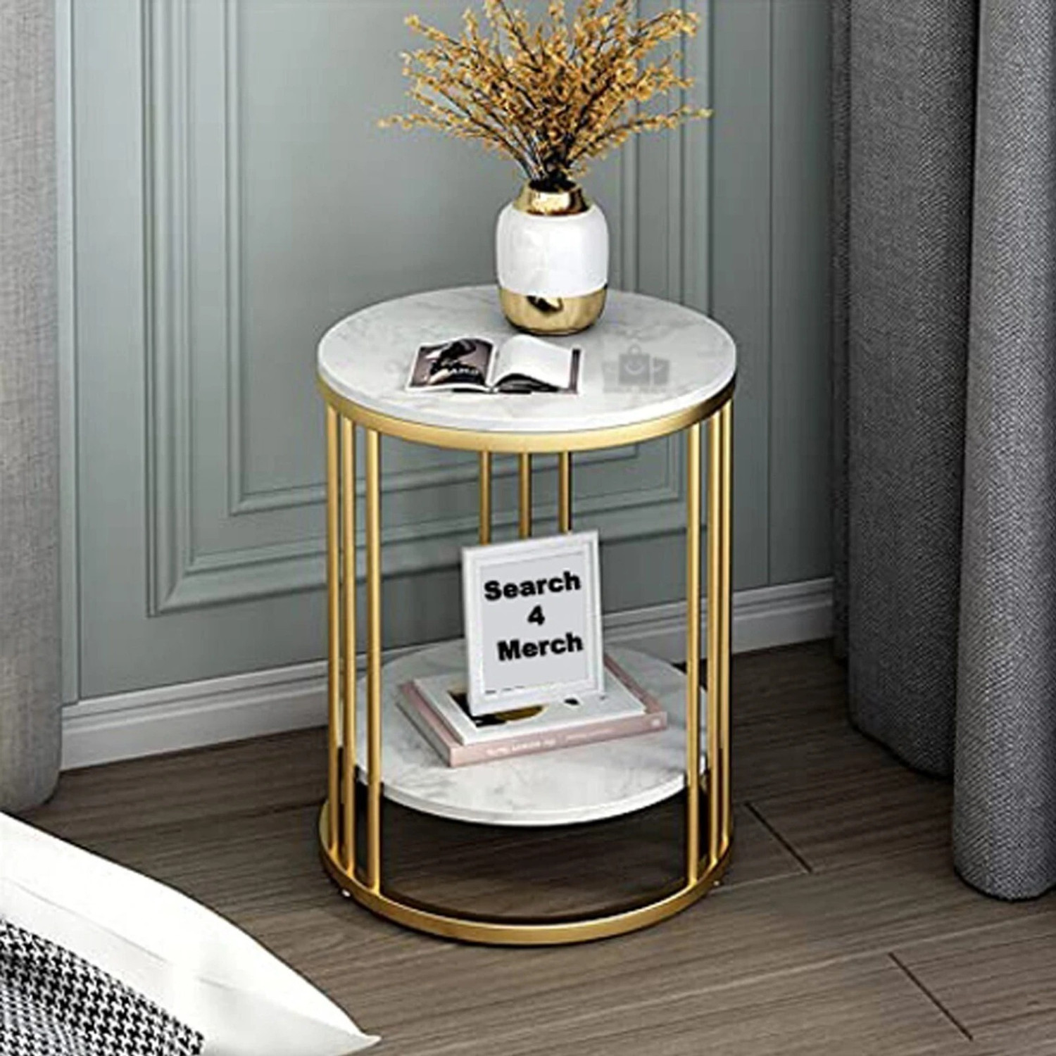 Image of SearchForMerch BAZAARGALLI Modern Round Marble Side Table with Golden Metal Frame Metal Side Table