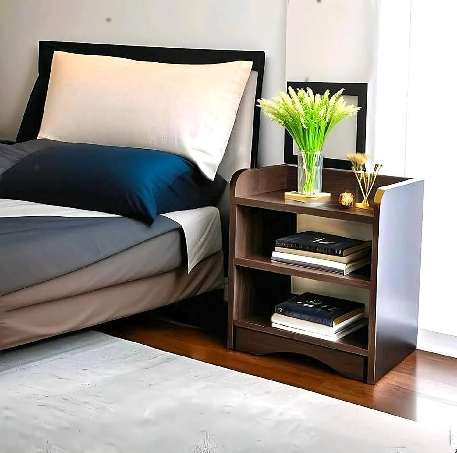 MULTIBUY Modern Bedside Table with 3 Shelves,Bed Side Table Engin