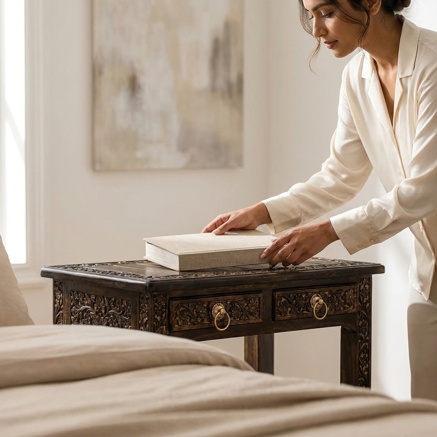 Image of NICE CRAFTS Wooden Stool-Natural Wood Antique Look Side Table with Two Drawer Solid Wood Bedside Table