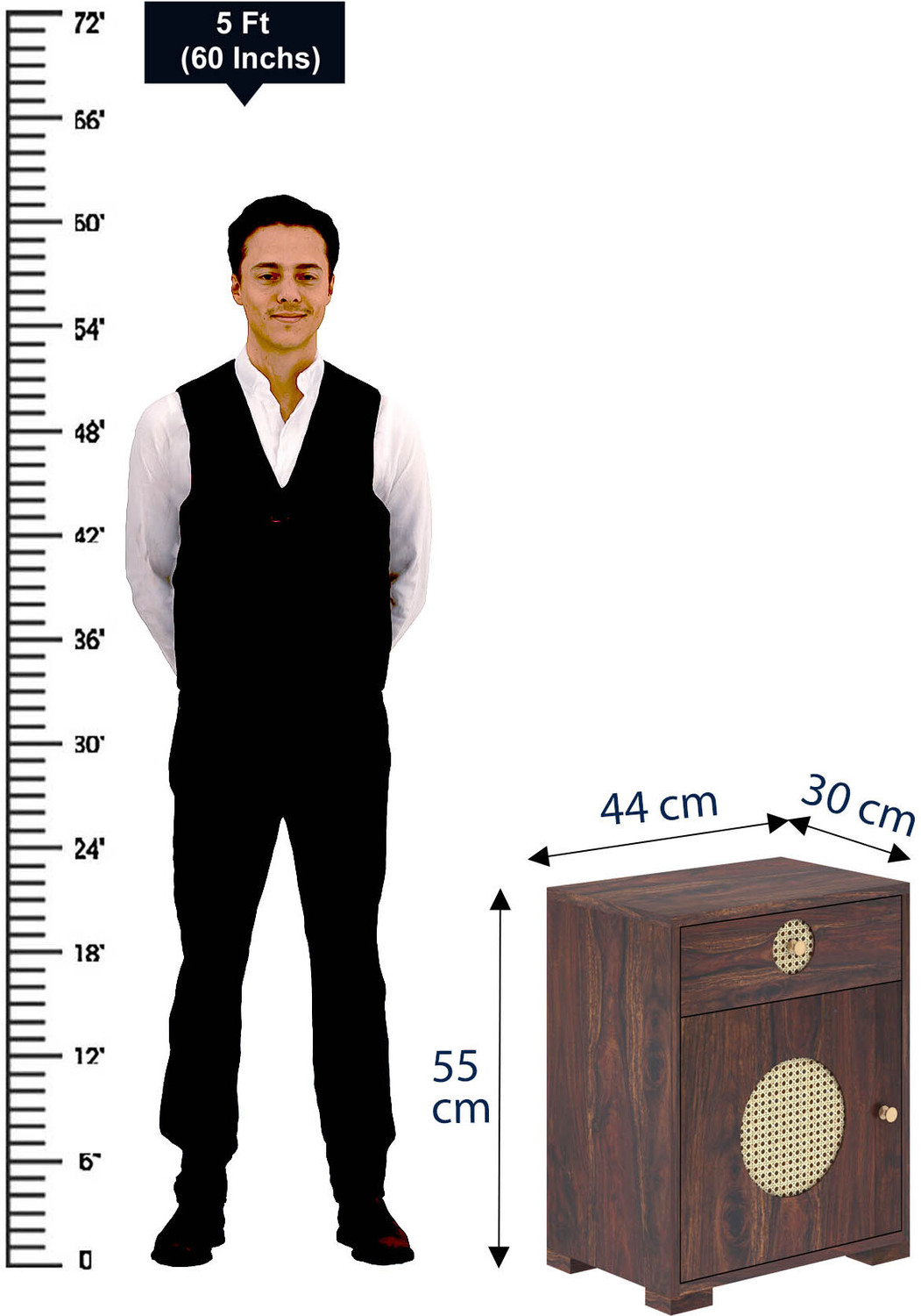 Image of Dreamydesks Regal Solid Wood Cane Bedside Table with Drawer for Bedroom Solid Wood Bedside Table