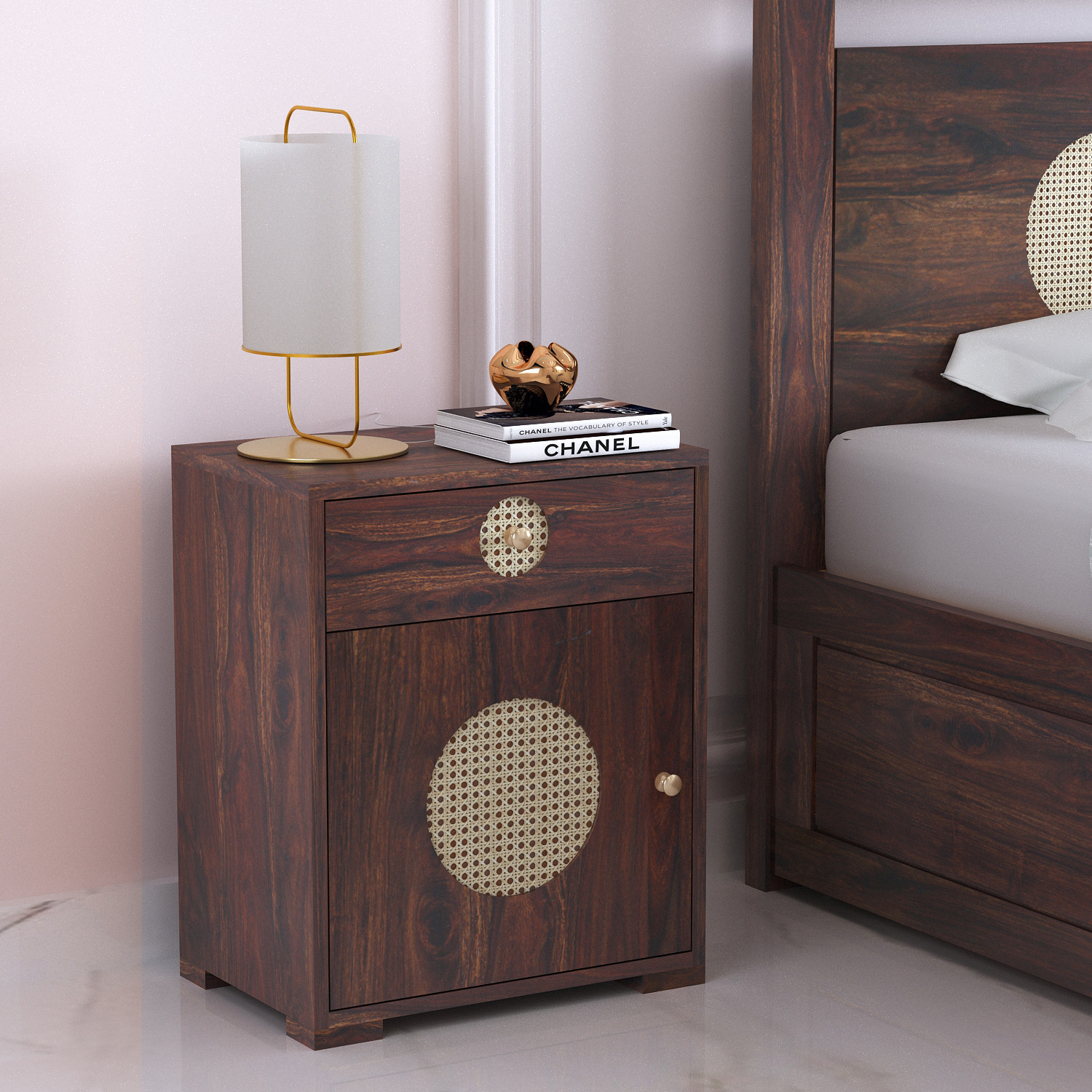 Image of Dreamydesks Regal Solid Wood Cane Bedside Table with Drawer for Bedroom Solid Wood Bedside Table