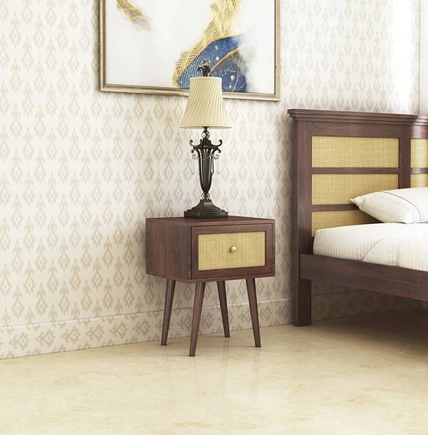 Ganpati Arts Sheesham Wood Cane Bedside Table For Bedroom/Wooden