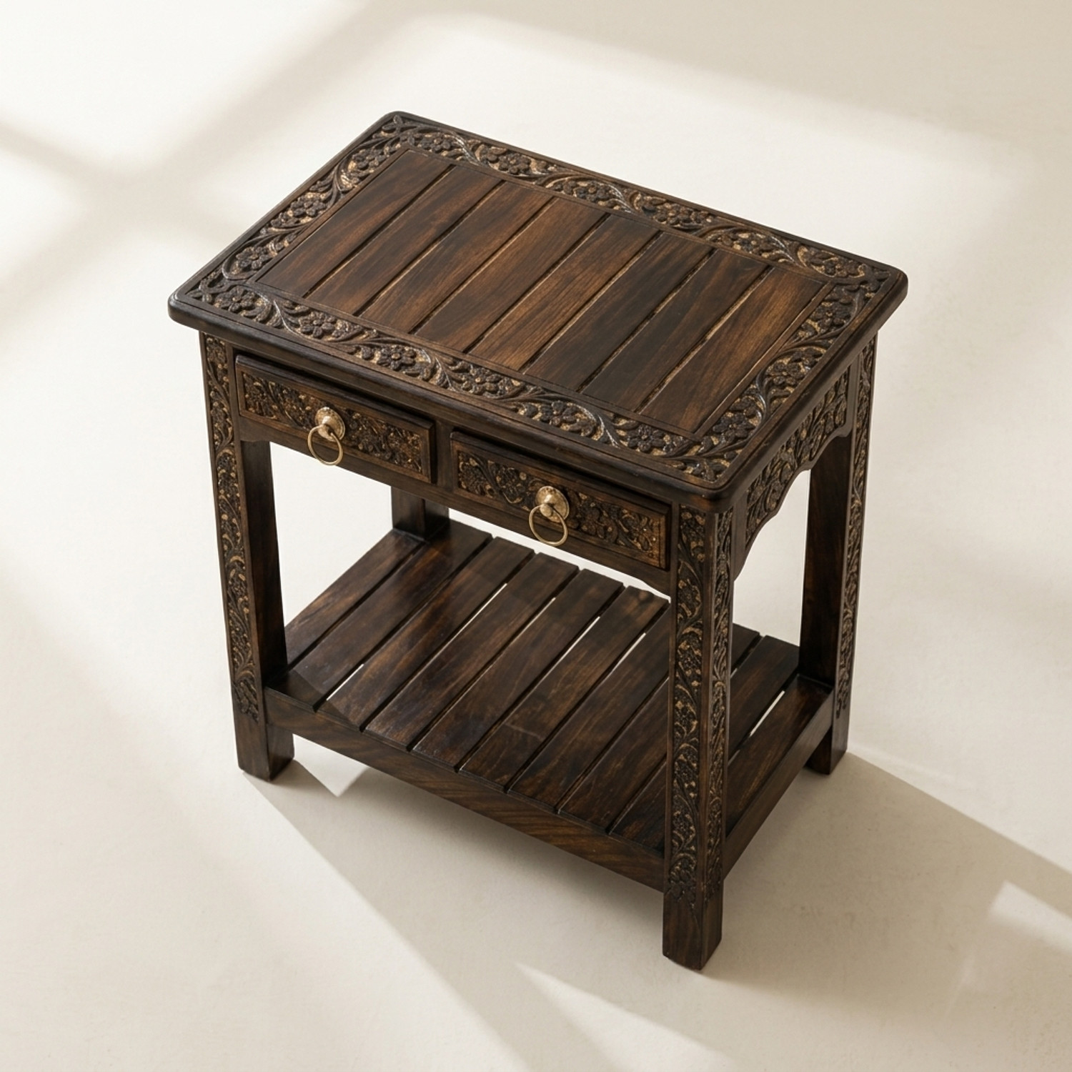 Image of NICE CRAFTS Wooden Stool-Natural Wood Antique Look Side Table with Two Drawer Solid Wood Bedside Table