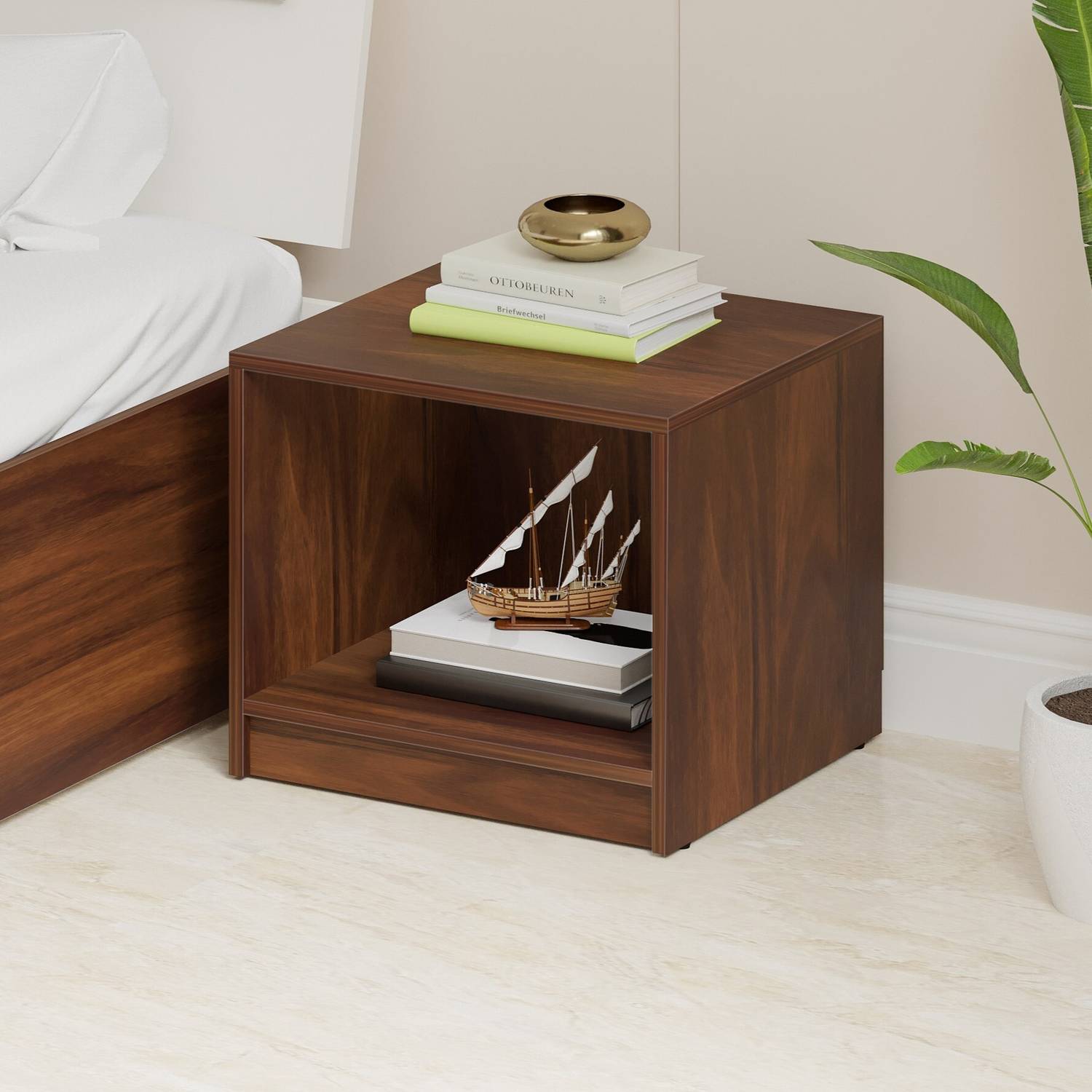 BLUEWUD Oliver End Table with Storage Lamp, Flower Stand for Bedr