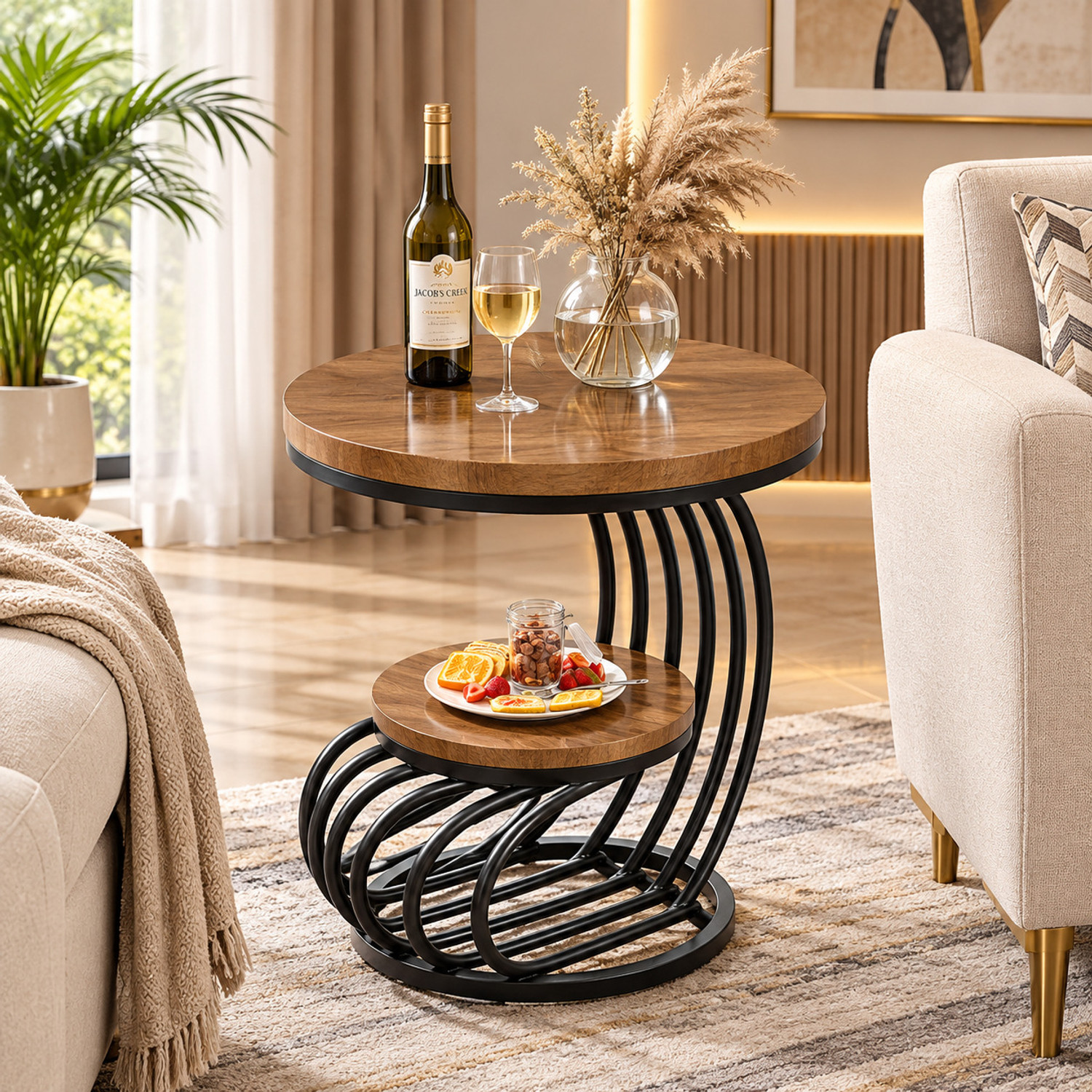 Image of Unique Arts Shoppee 2 Tier Round Nesting Coffee Table with White Marble Top & Golden Frame Metal Side Table