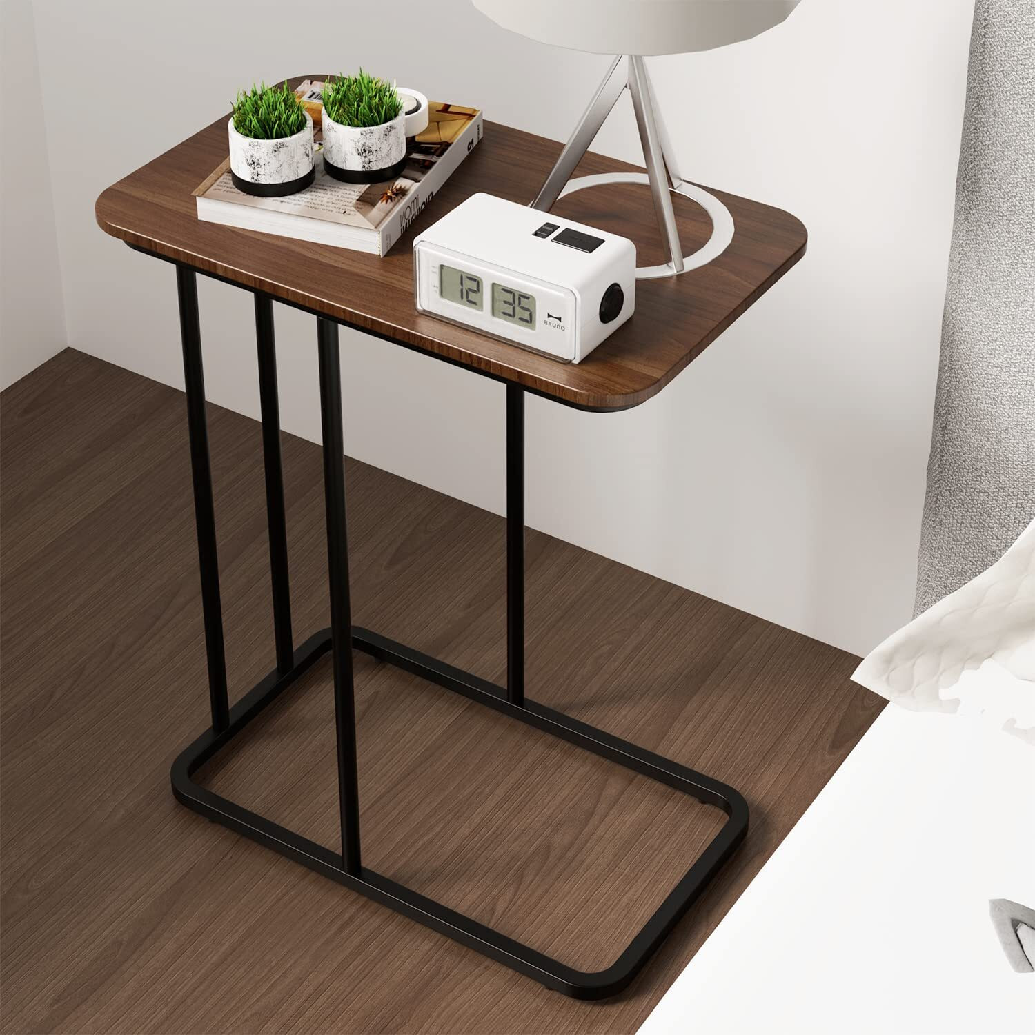 Image of Device Bas with BROWN ART SHOPPEE C Shaped Side Table, Coffee Table Bedroom Bedside Tables with Faux Marble Top Metal Bedside Table