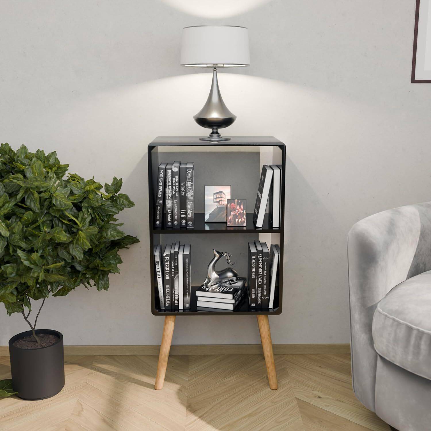 etiquette art Mid-Century Modern Small Grey Bedside Table Wood Sh