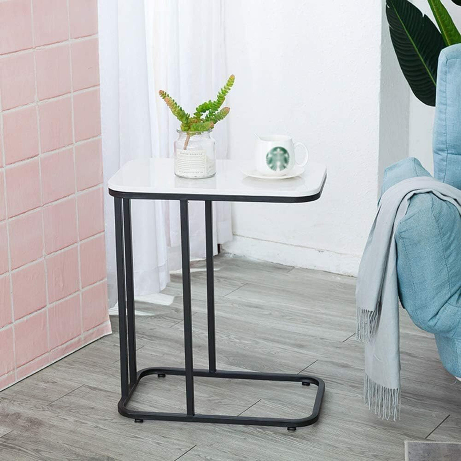 Image of Device Bas with BROWN ART SHOPPEE C Shaped Side Table, Coffee Table Bedroom Bedside Tables with Faux Marble Top Metal Bedside Table