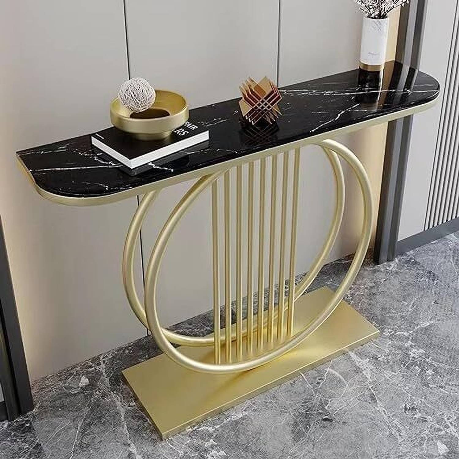 DEMIHEES Black Wood Top Modern Gold Metal Entryway Console Table