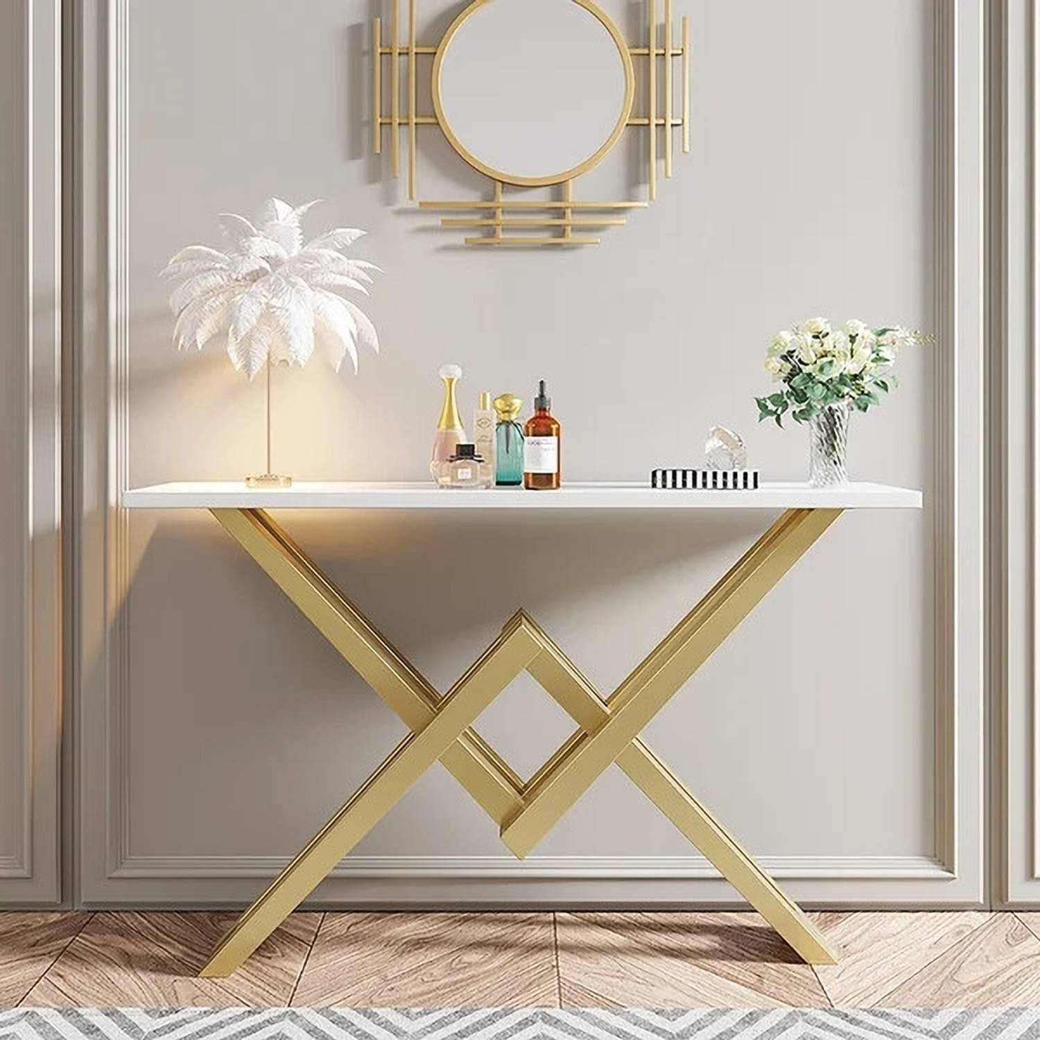 KDINTERIORS Narrow Rectangle White Console Table with Wooden Top